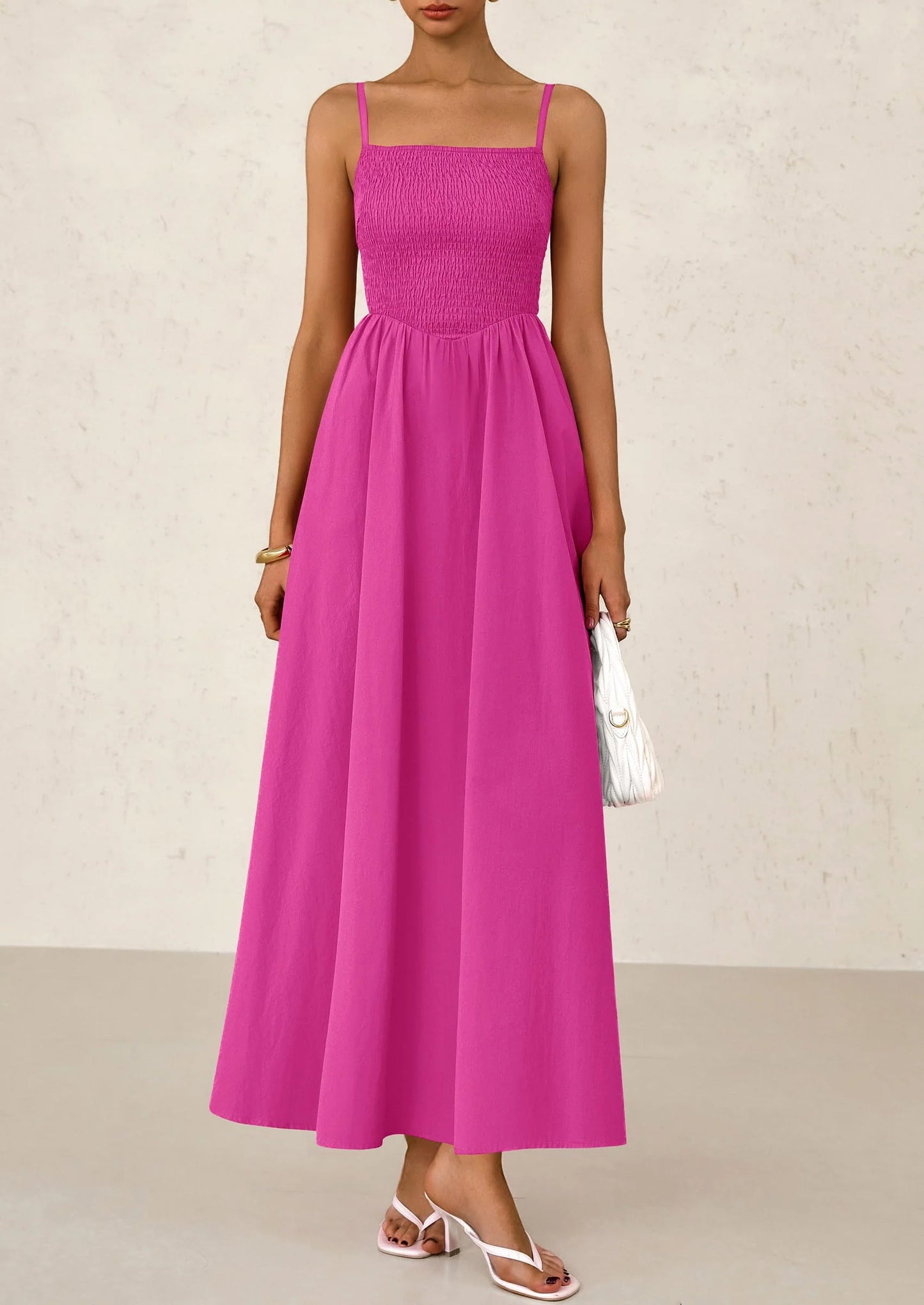 Women's Smocked Maxi Dresses Beach Sundress Casual Spaghetti Strap Swing A Line Long Flowy Dress