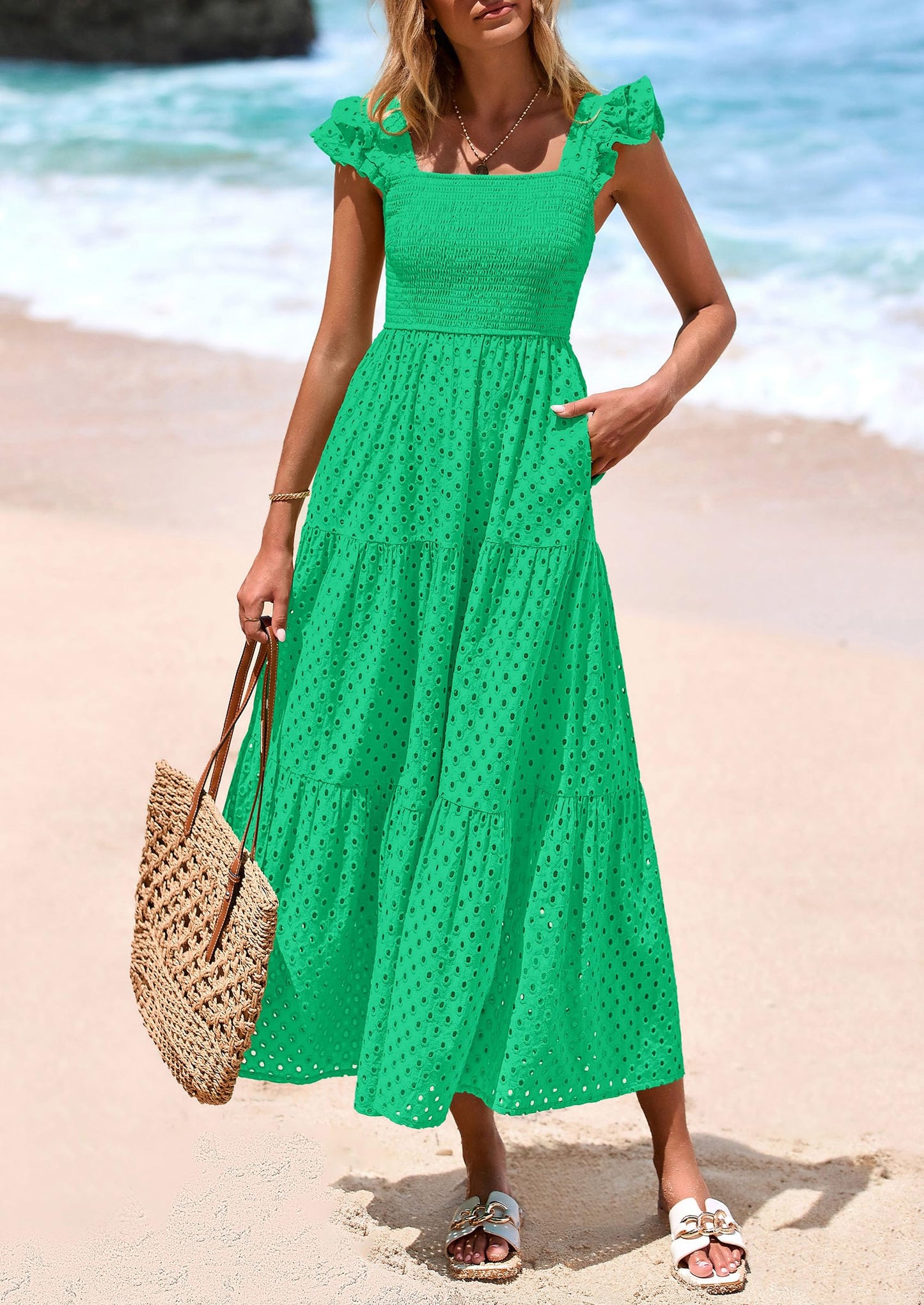 Womens Square Neck Maxi Dresses Cap Sleeve Eyelet Smocked Tiered A Line Flowy Long Dress with Pockets