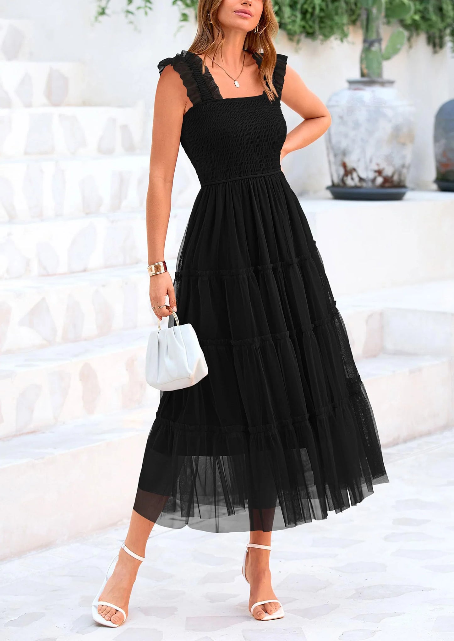 Women's Tulle Midi Dress Sleeveless Smocked Ruffle Mesh Flowy Dresses Party Wedding Guest Sundress