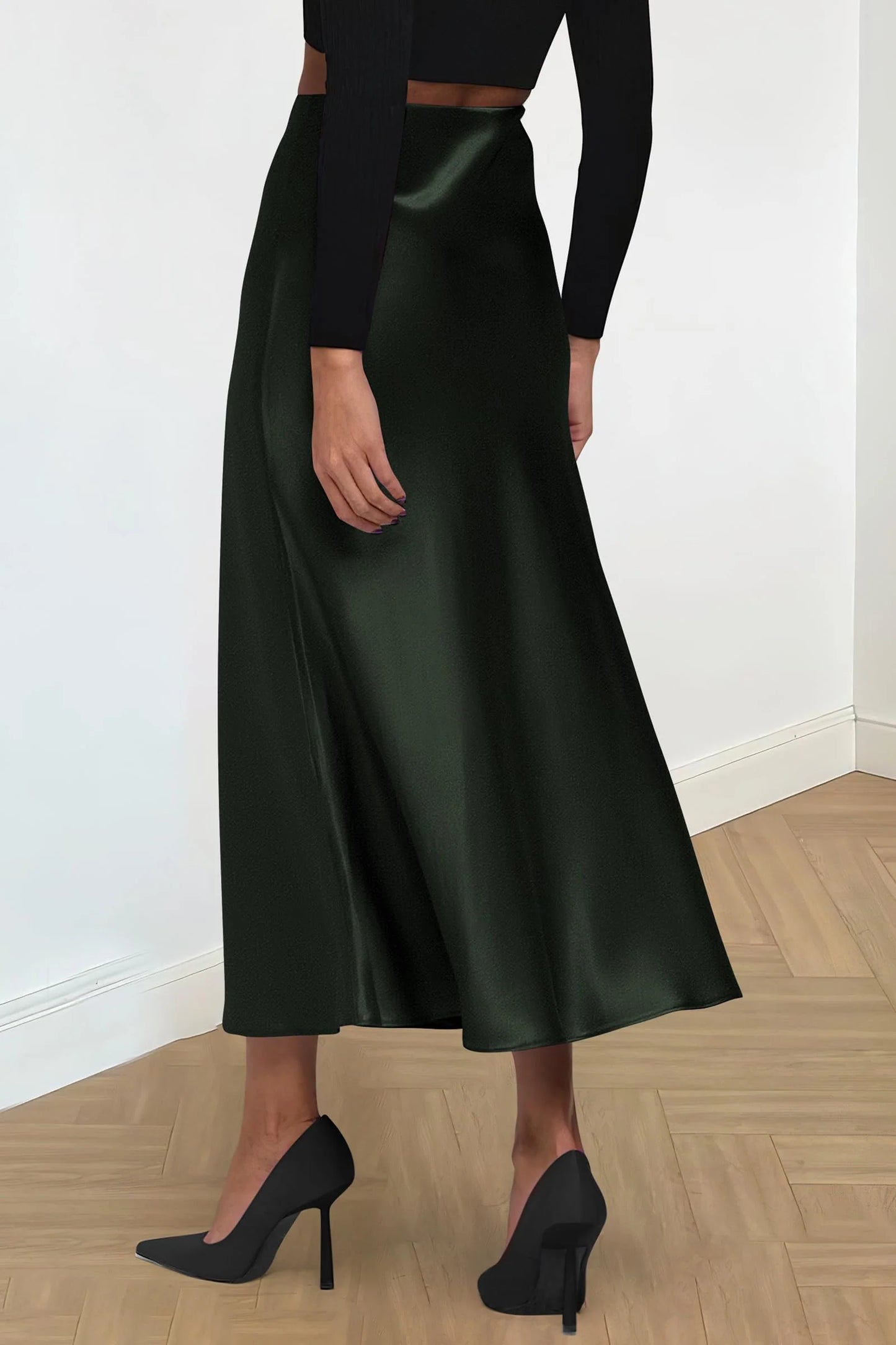 Women's Satin Skirts Dressy Casual Fall High Waisted Cocktail Wedding Flowy Elegant A Line Midi Skirt