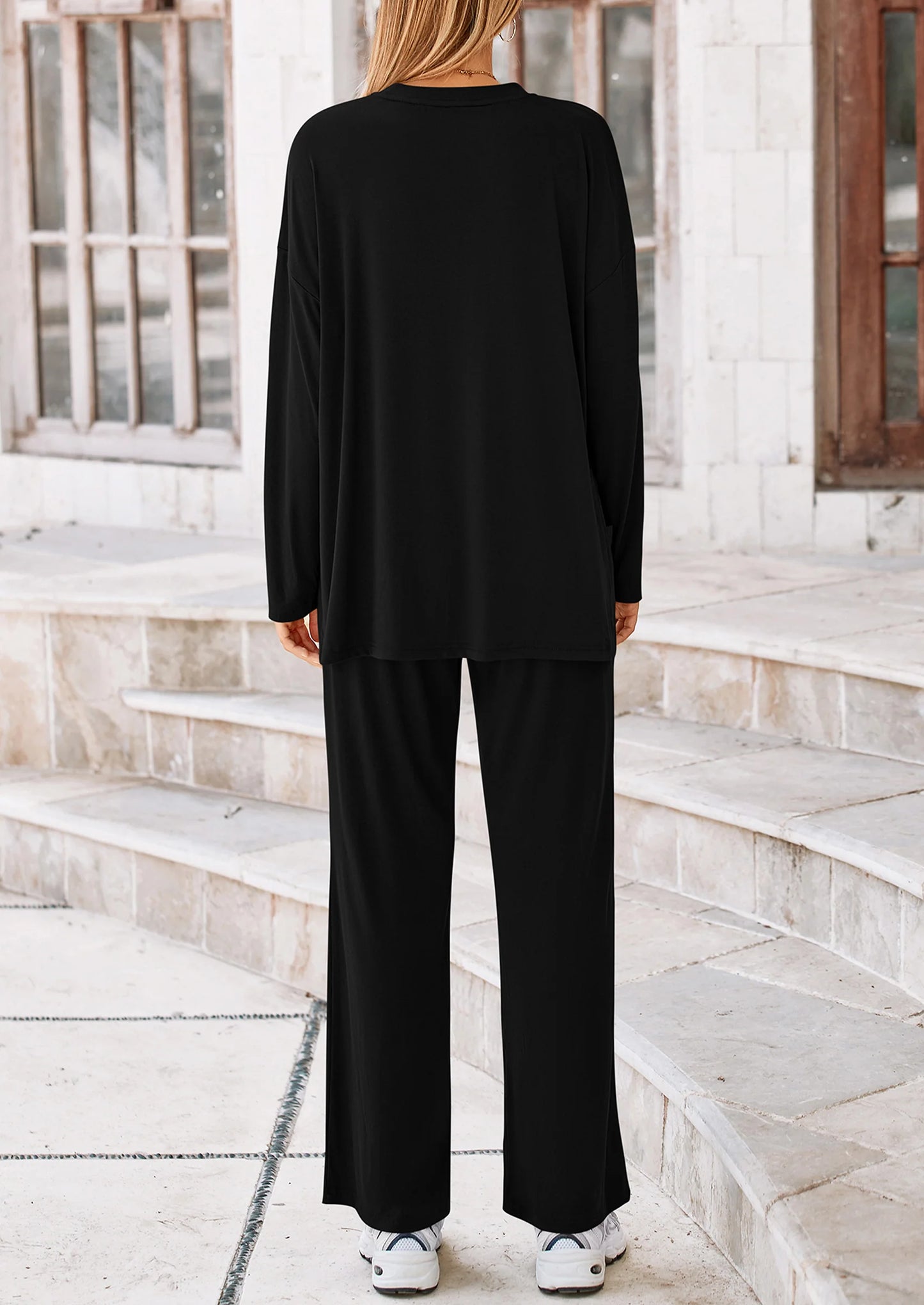 Women's Two Piece Lounge Sets Matching Long Sleeve Shirts Wide Leg Pants Tracksuits Travel Outfits Fall Clothes