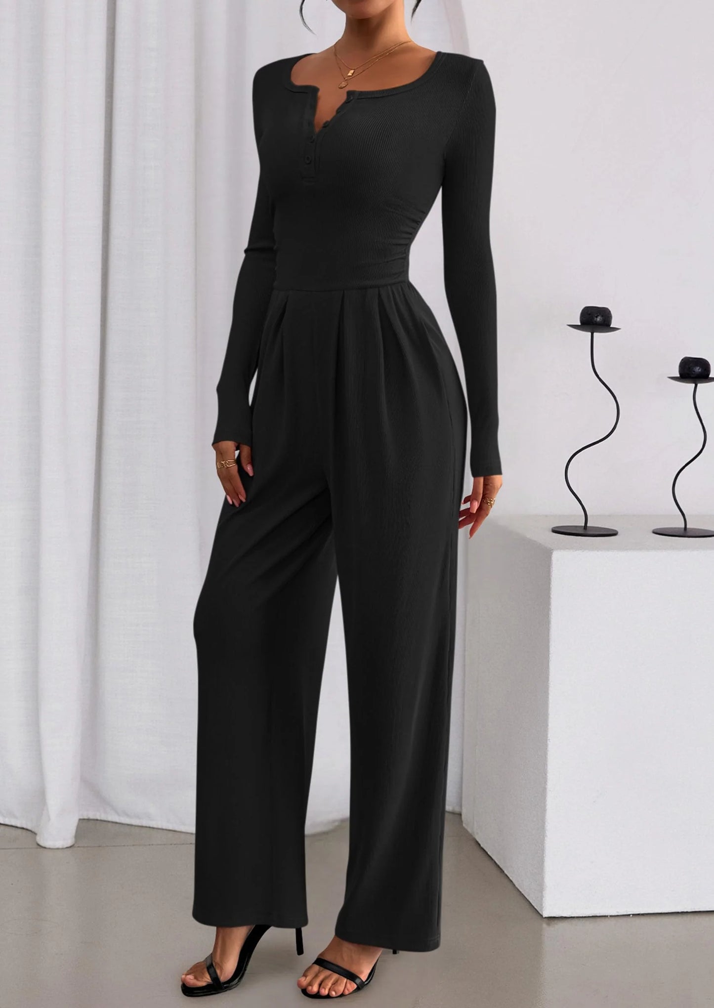Jumpsuits for Women Dressy Casual Fall One Piece Outfits Long Sleeve Crew Neck Wide Leg Pants Rompers