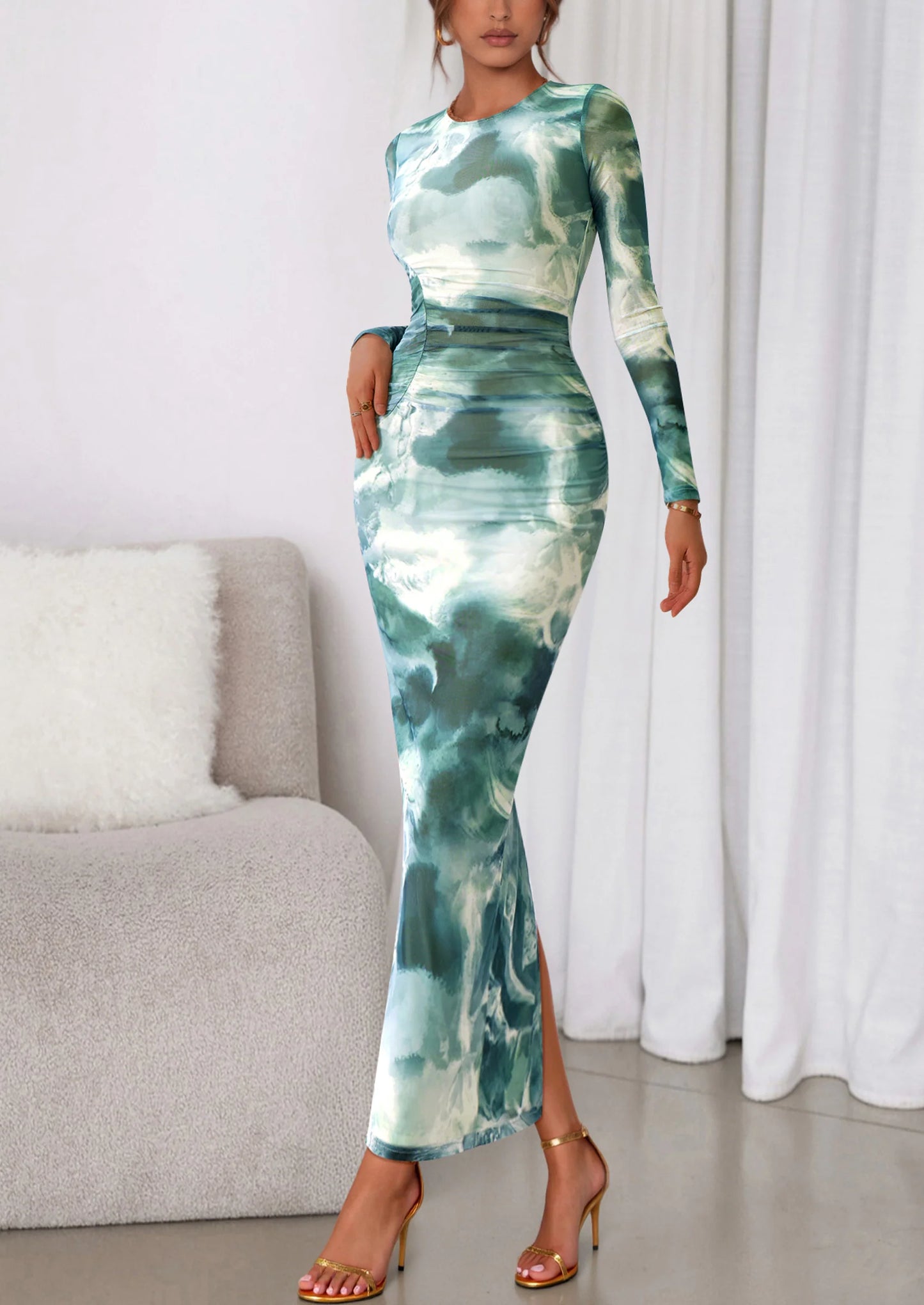 Women's Fall Wedding Guest Dresses Long Sleeve Fitted Ruched Slit Bodycon Mesh Floral Party Maxi Dress