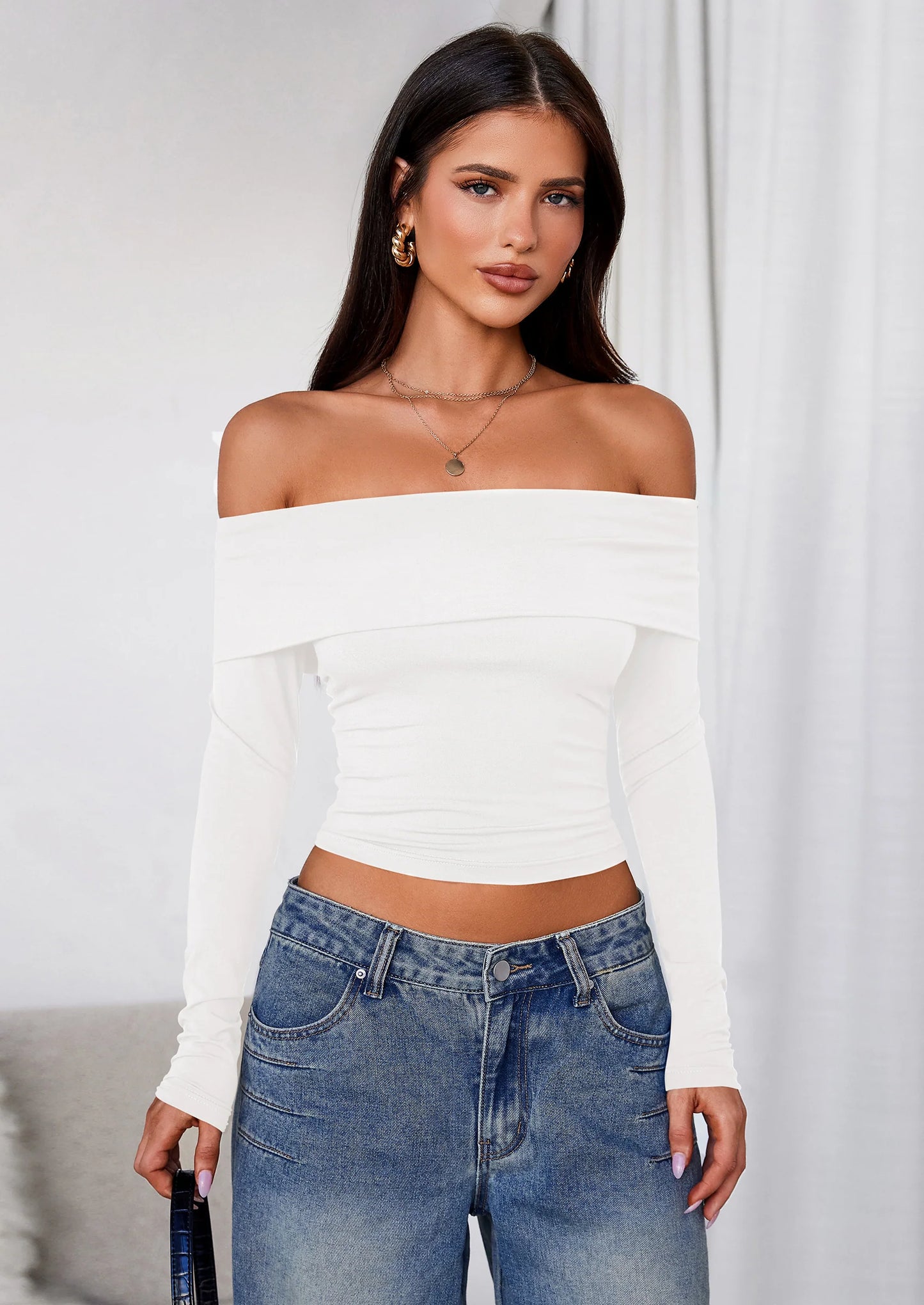 Off The Shoulder Tops for Women Long Sleeve Shirts Trendy Going Out Crop Top Spring Fashion Clothes