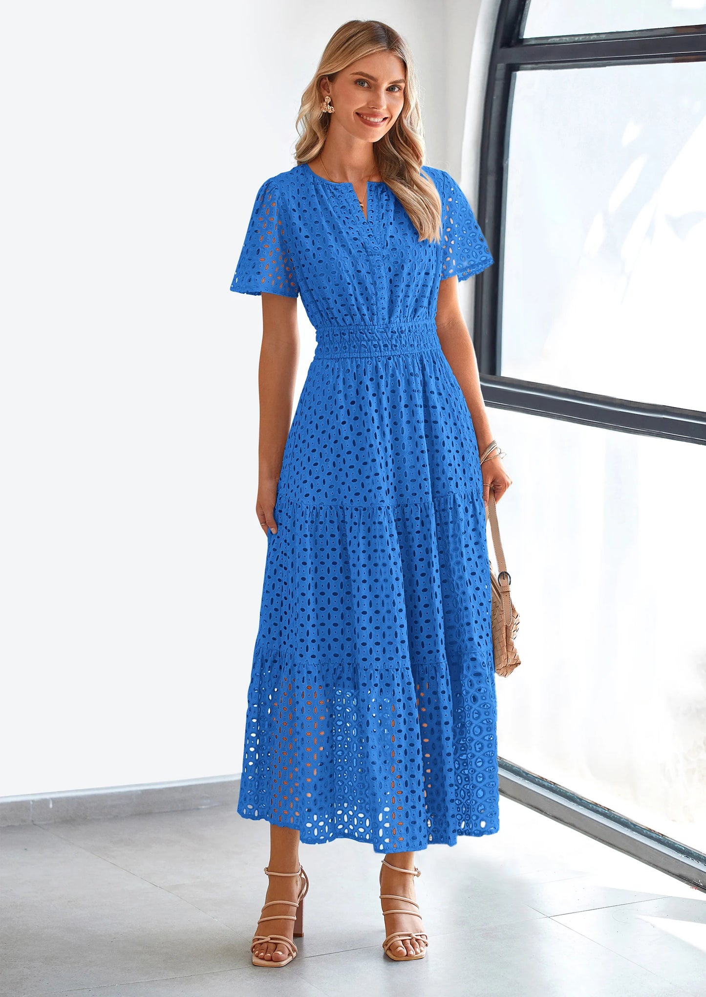 Womens Maxi Dress Short Sleeve V Neck Hollow Out Eyelet A Line Long Flowy Beach Vacation Dresses
