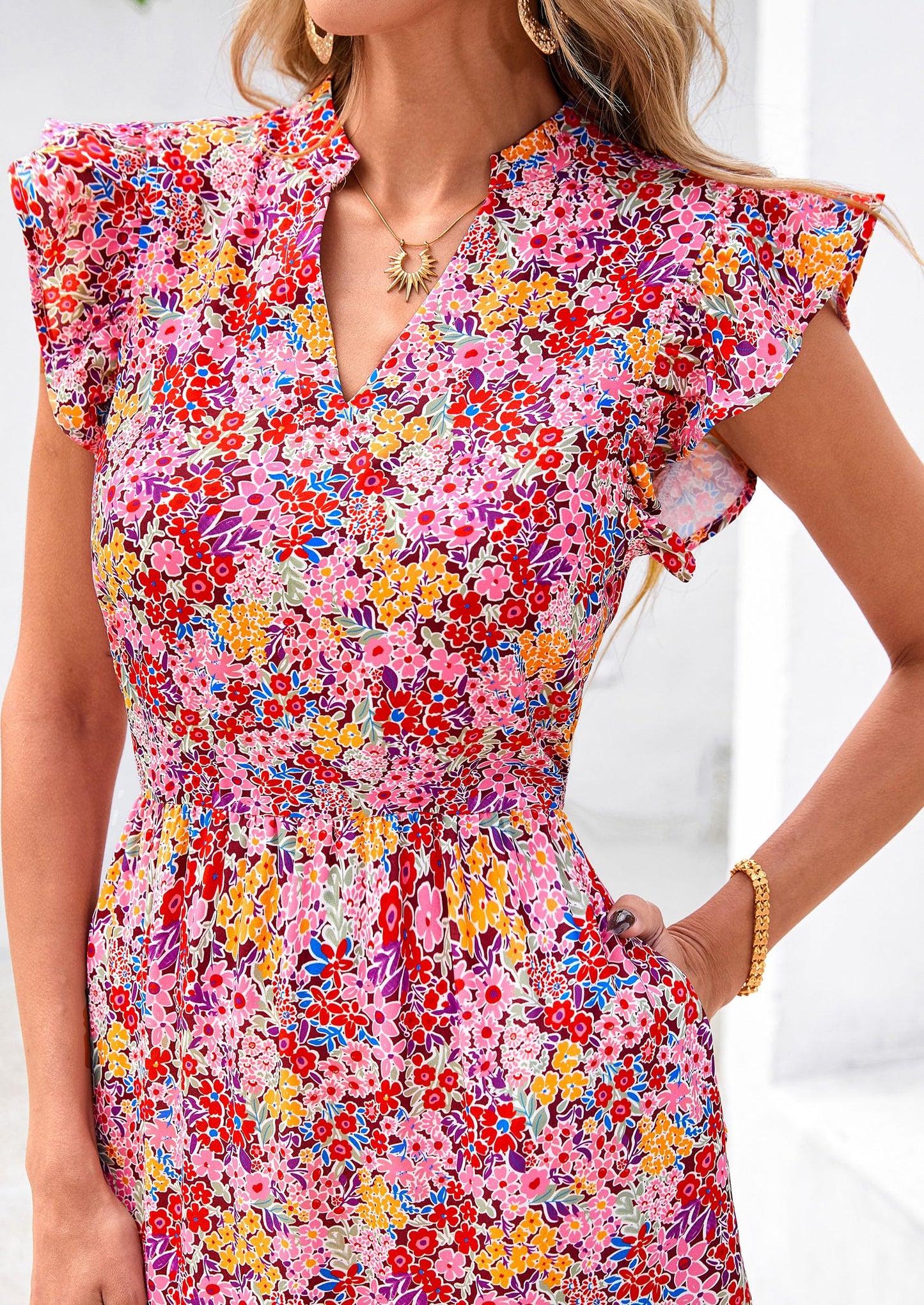 Women's Summer Floral Midi Dress Cap Sleeve V Neck Ruffle Long Flowy Boho Casual Beach Vacation Dresses