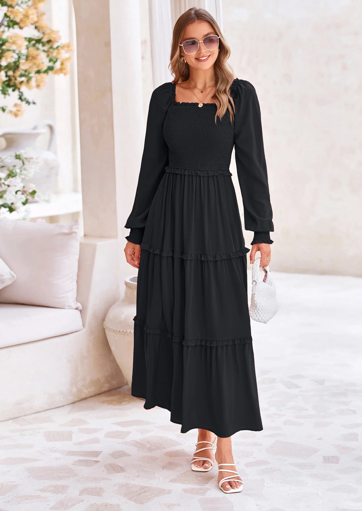 Fall Wedding Guest Dresses for Women Long Sleeve Square Neck Tiered A Line Modest Elegant Flowy Dresses