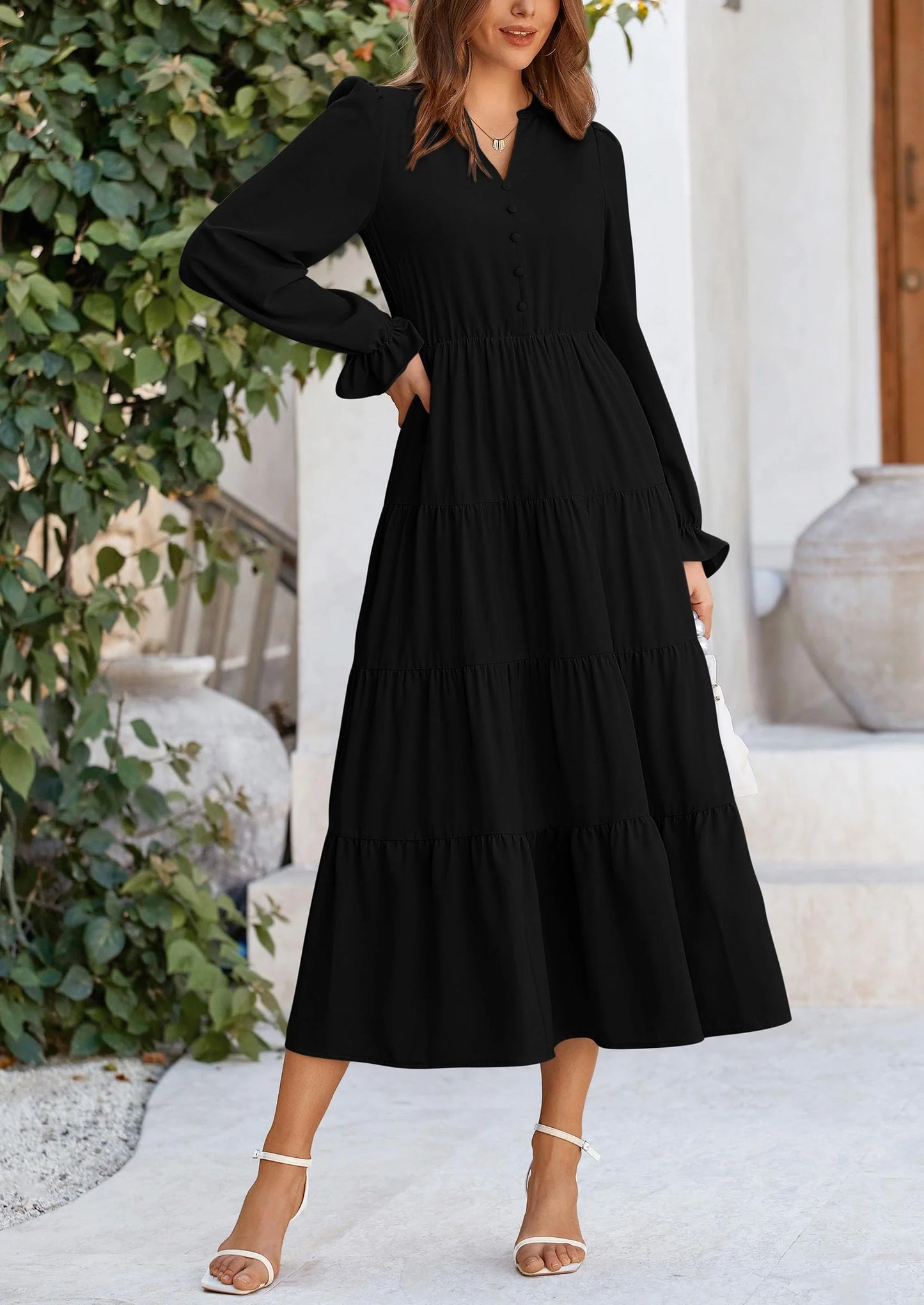 Women Fall Long Sleeve Smocked Maxi Dress Casual Square Neck Swiss Dot Tiered Ruffle Flowy Spring Pocket Dresses