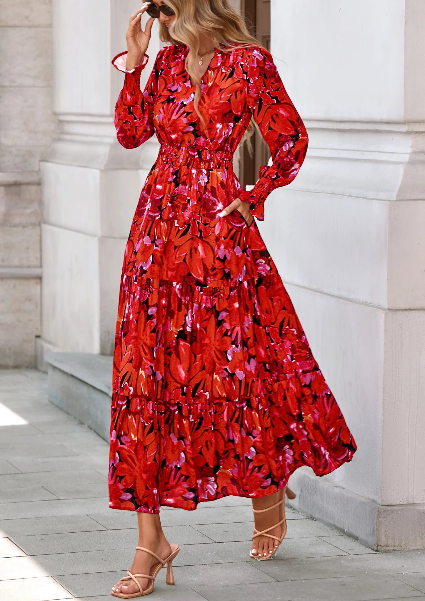 Women's Floral Maxi Dress Spring Long Sleeve V Neck Casual A Line Long Flowy Boho Party Dresses