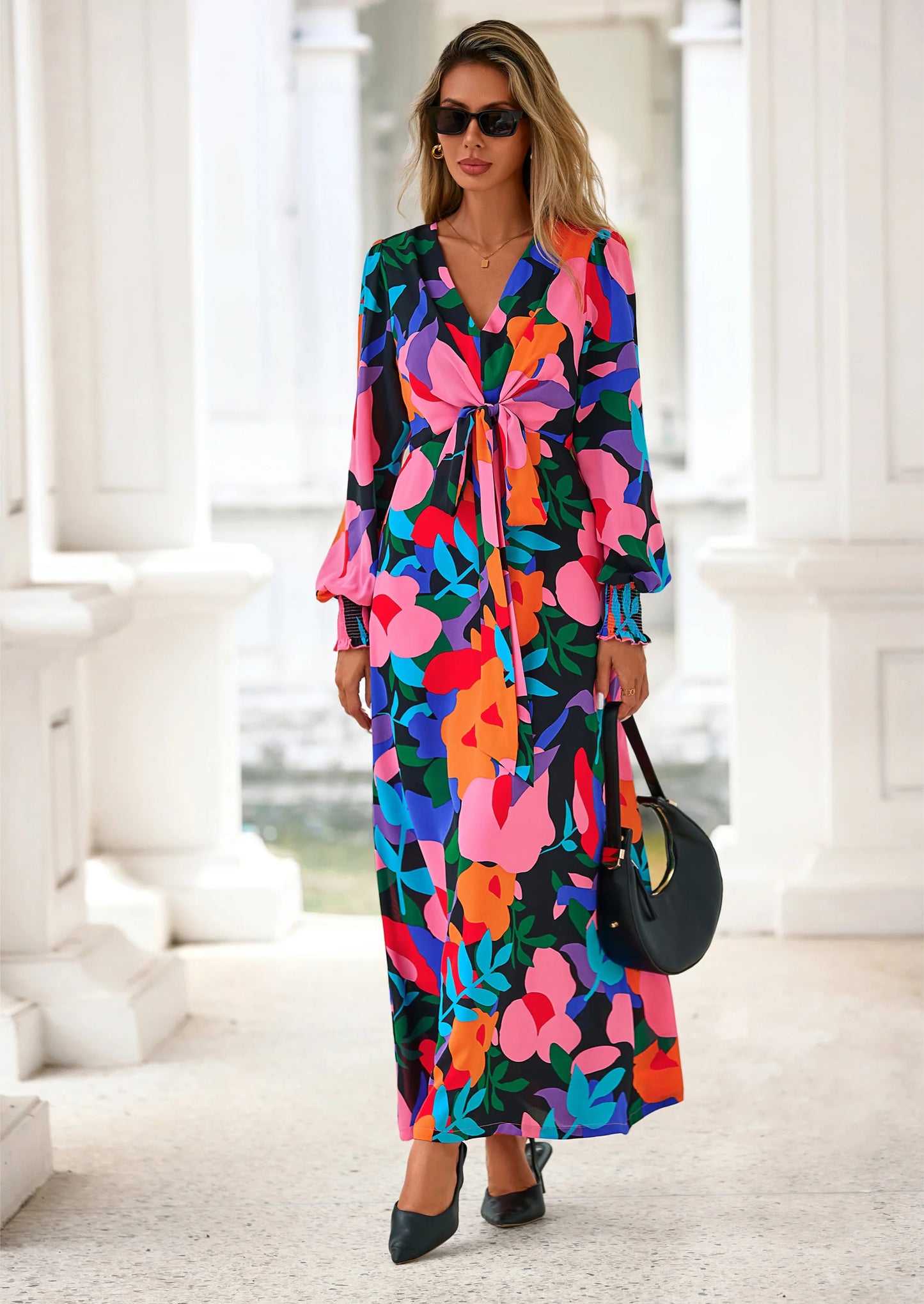 Women's Fall Boho Maxi Dress Floral Long Sleeve V Neck Flowy Belted Elegant Holiday Party Dresses