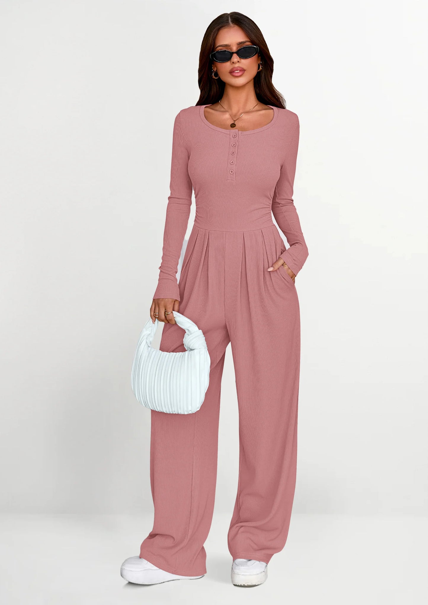 Jumpsuits for Women Dressy Casual Fall One Piece Outfits Long Sleeve Crew Neck Wide Leg Pants Rompers