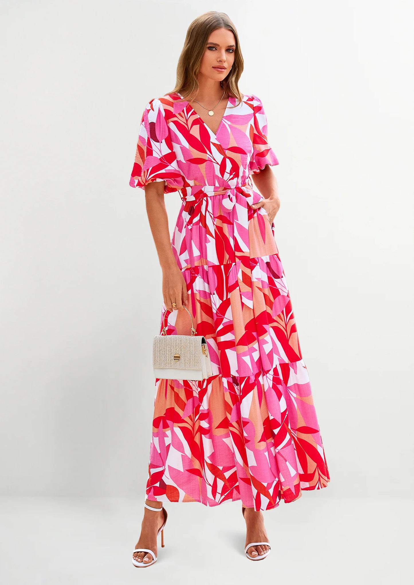 Women's Maxi Dress Resort Wear Boho Floral V Neck Puff Short Sleeve Ruffle Flowy Beach Long Dresses