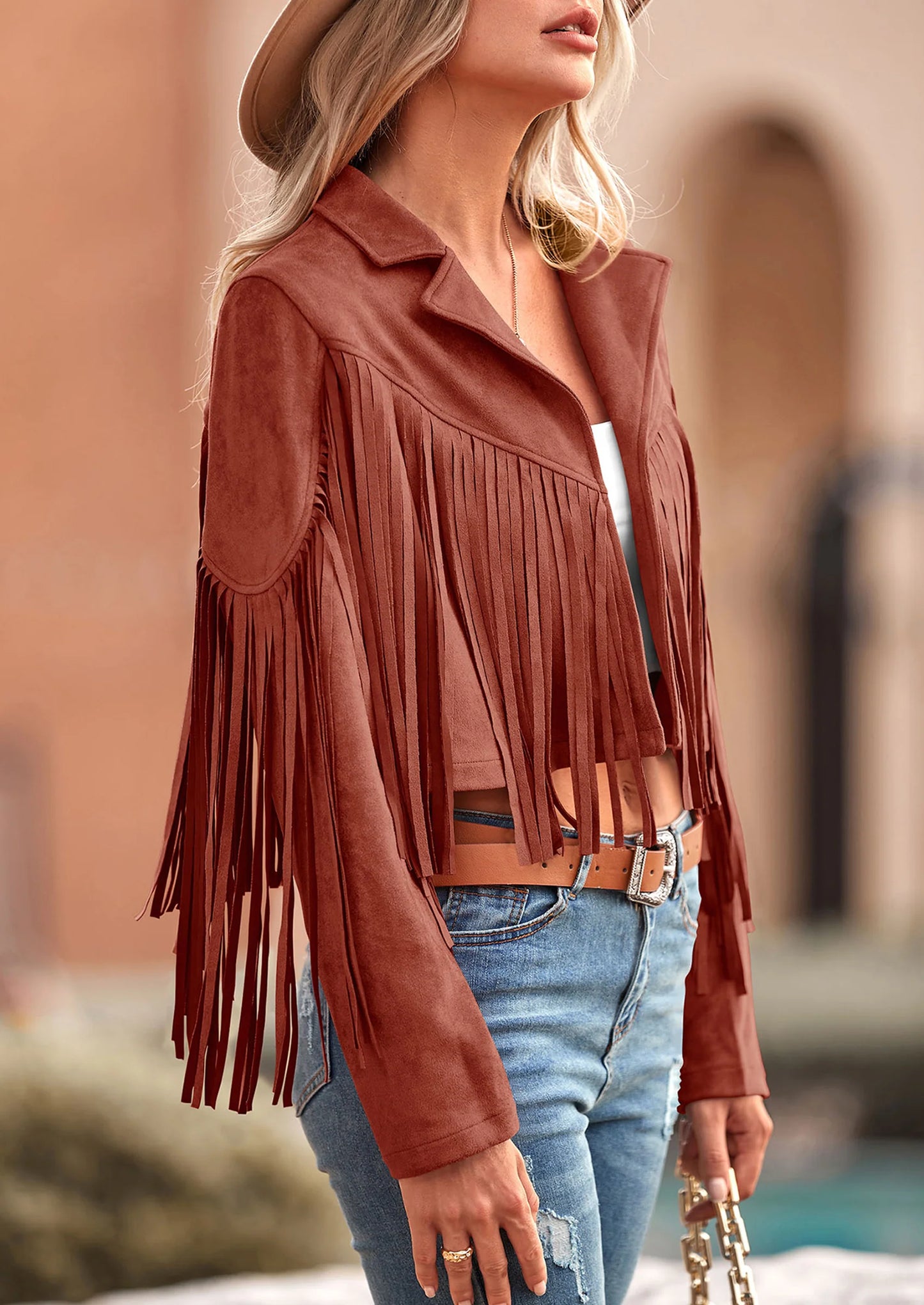 Women's Fringe Faux Suede Leather Jackets Fashion Tassel Motorcycle Cropped Coats