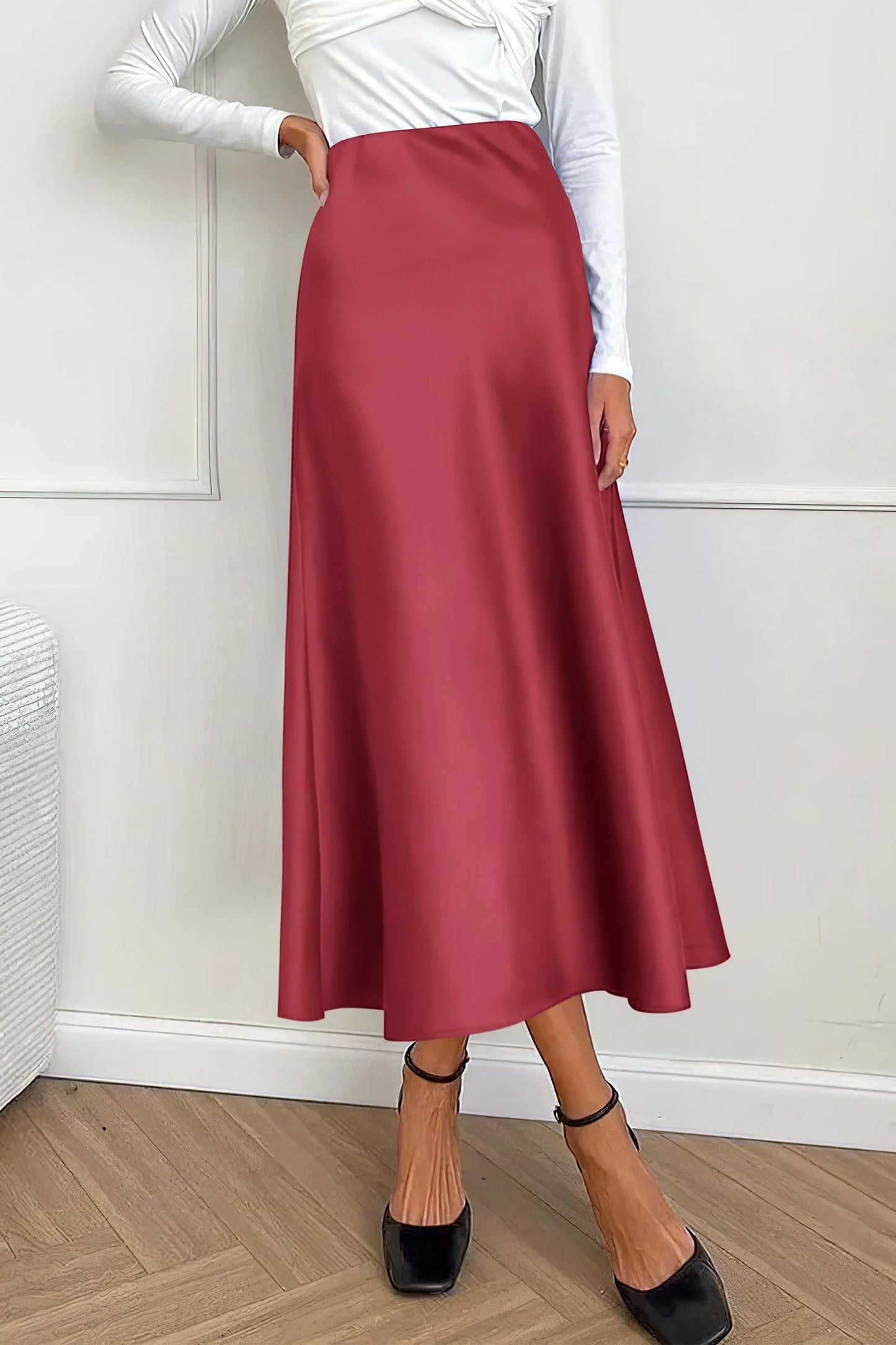 Women's Satin Skirts Dressy Casual Fall High Waisted Cocktail Wedding Flowy Elegant A Line Midi Skirt