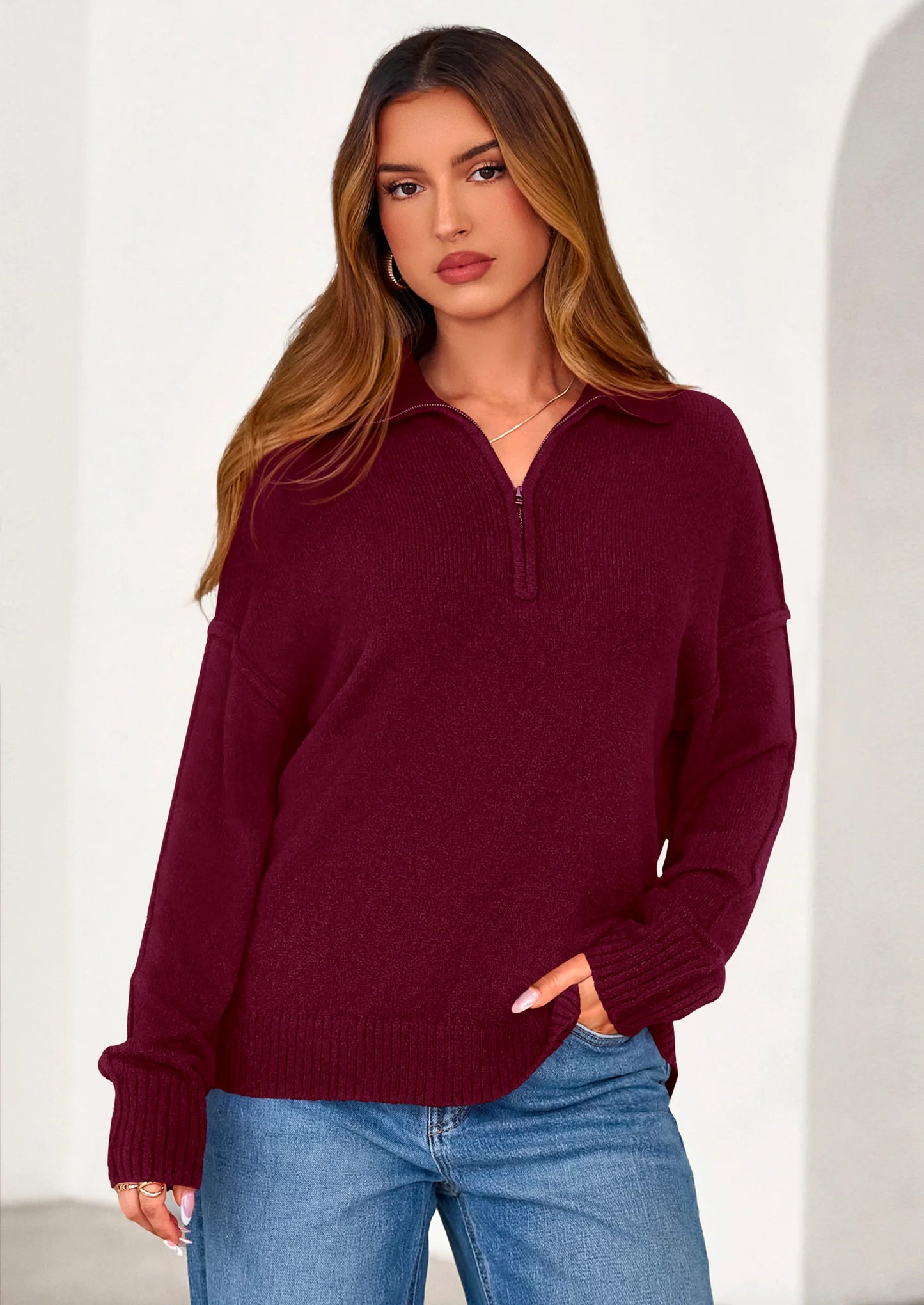 Womens Sweaters Quarter Zip Pullover Early Fall Fashion Long Sleeve V Neck Collared Knit Winter Jumper Tops