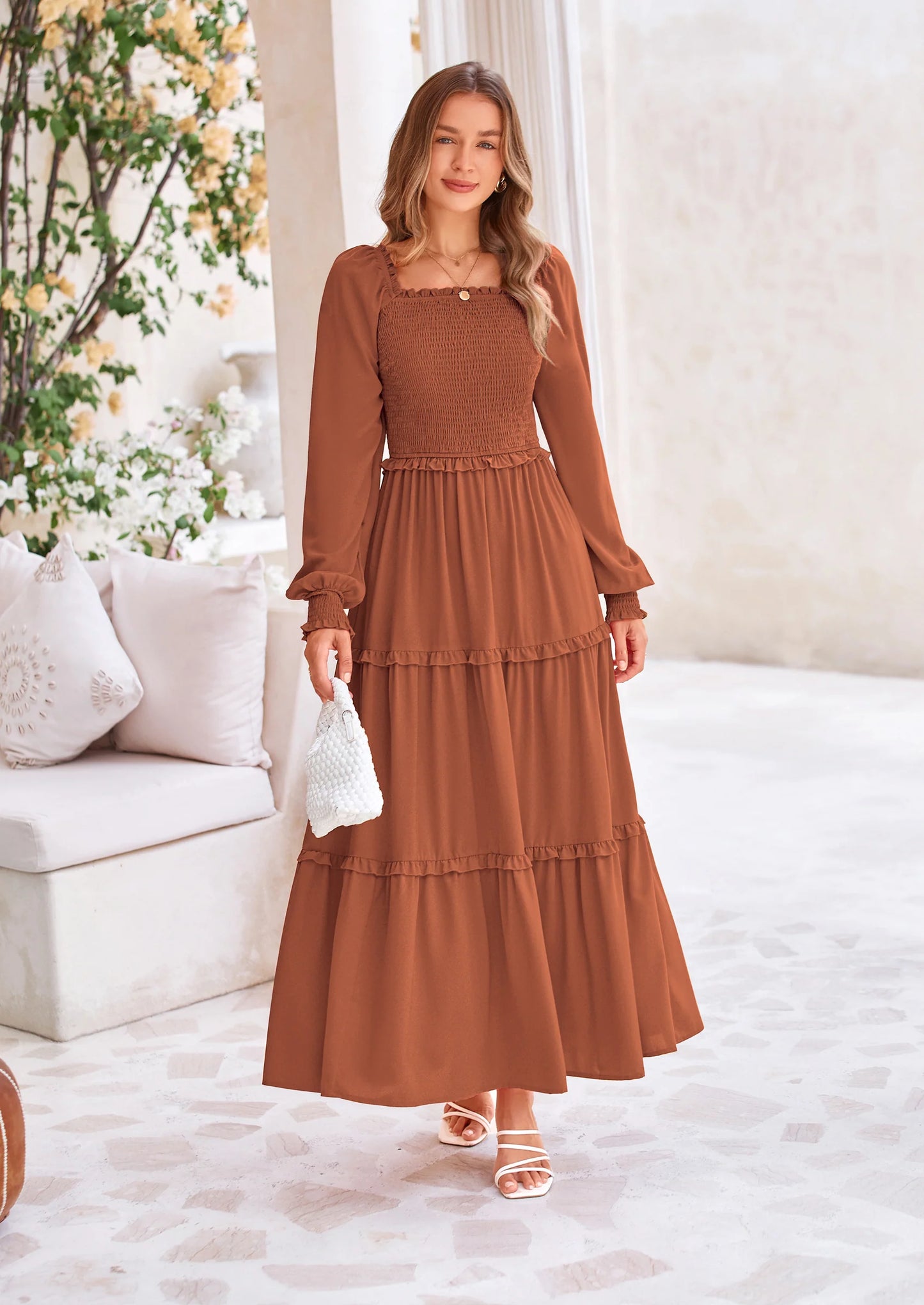 Fall Wedding Guest Dresses for Women Long Sleeve Square Neck Tiered A Line Modest Elegant Flowy Dresses