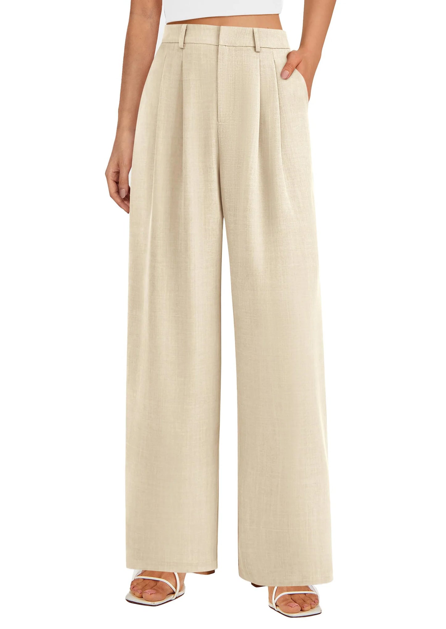 Women's Summer Elastic High Waisted Work Pants Straight Leg Dressy Business Casual Trousers Slacks Pockets