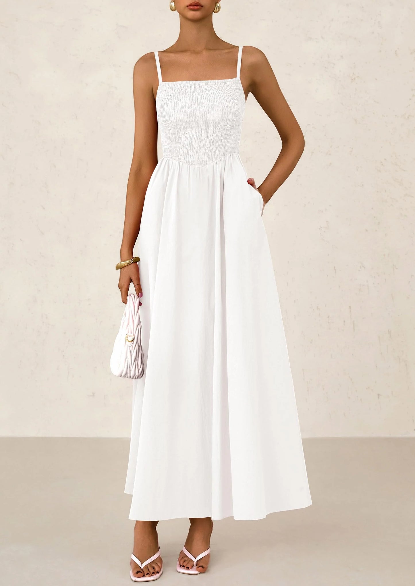 Women's Smocked Maxi Dresses Beach Sundress Casual Spaghetti Strap Swing A Line Long Flowy Dress