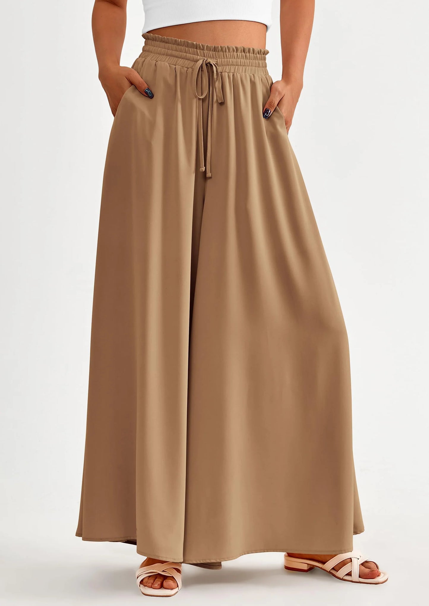 Women's Summer Wide Leg Palazzo Pants High Waisted Flowy Pockets Trendy Casual Lounge Boho Beach Trousers