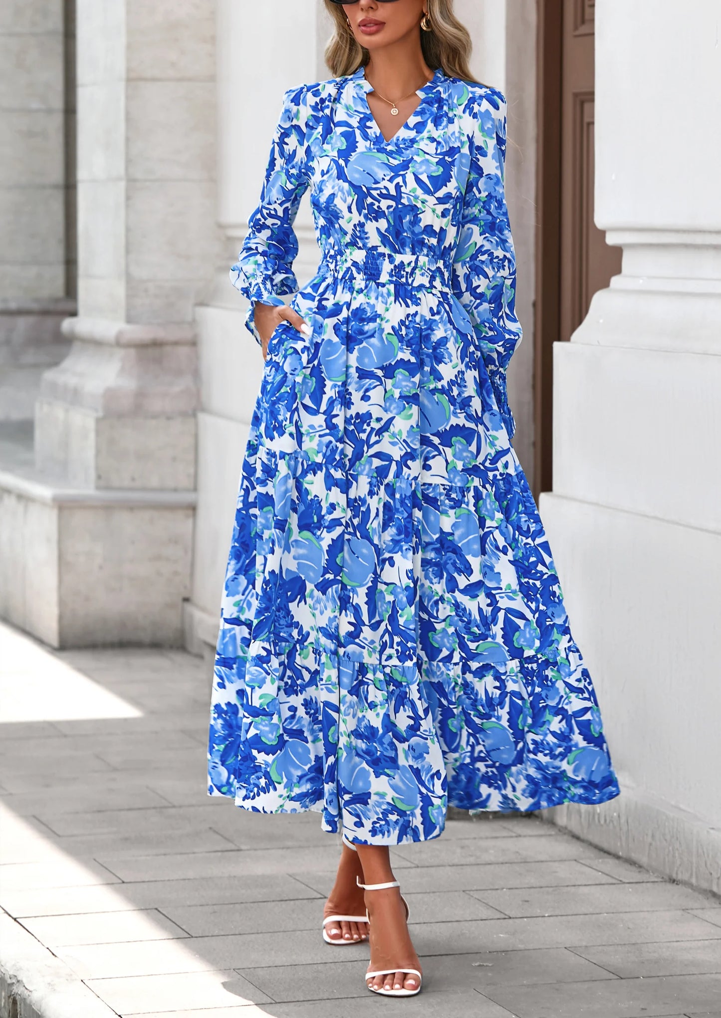 Women's Floral Maxi Dress Spring Long Sleeve V Neck Casual A Line Long Flowy Boho Party Dresses
