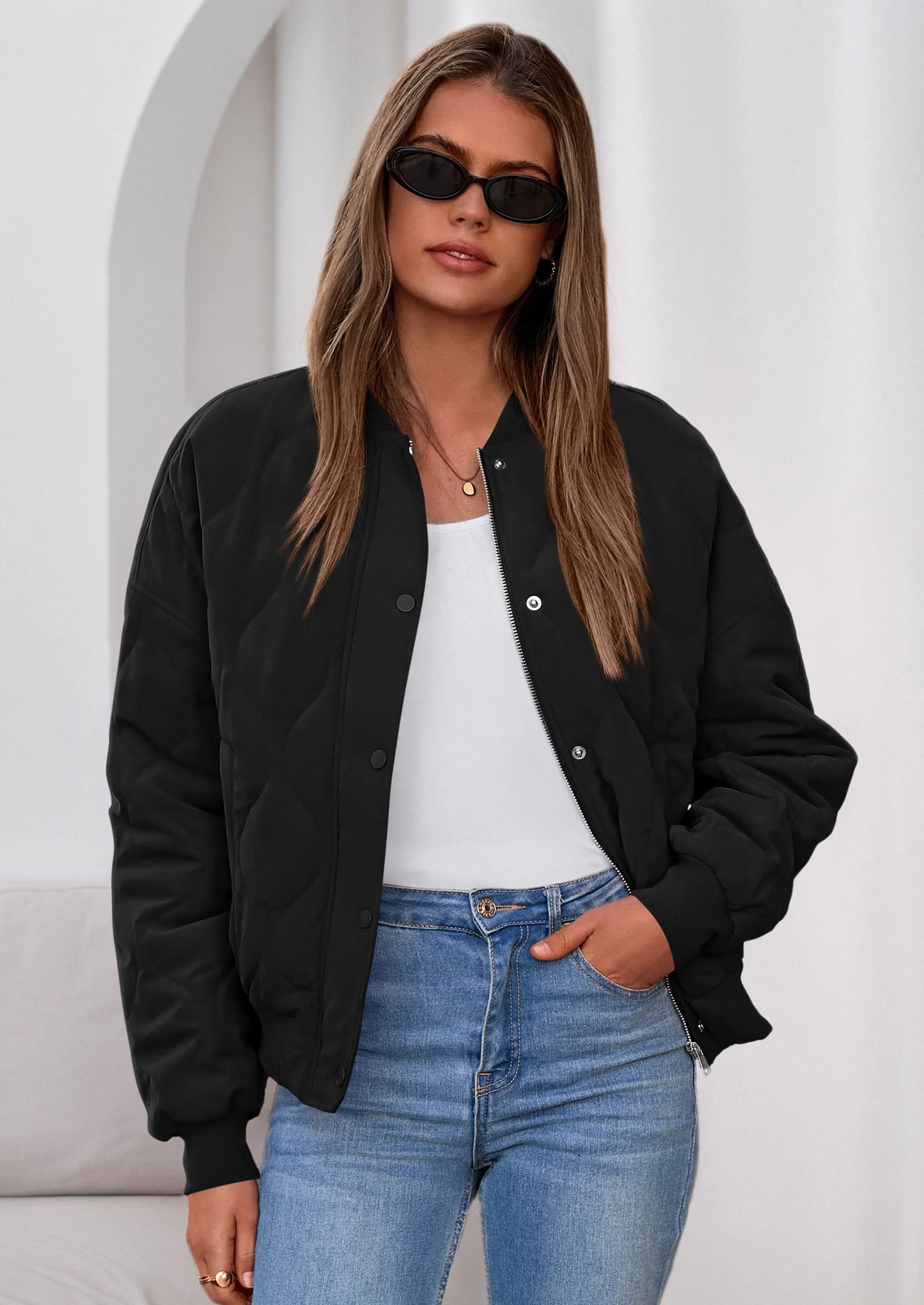 Women's Quilted Bomber Jacket Fall Fashion Lightweight Cropped Zip up Outerwear Winter Puffer Coats Pockets