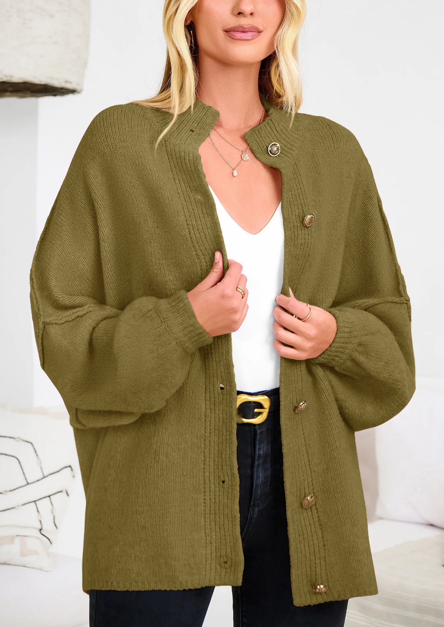 Women's Winter Button Down Cardigan Sweaters Mock Neck Lantern Long Sleeve Chunky Knit Jacket Trendy Outerwear