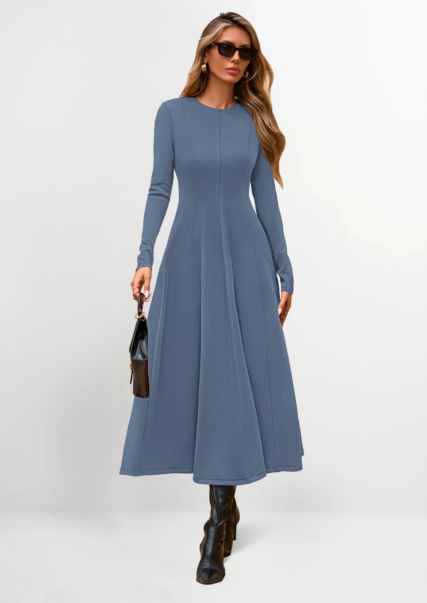 Women's Fall Long Sleeve Midi Dress Casual Elegant Ruffle Flowy A Line Swing Cocktail Party Dresses