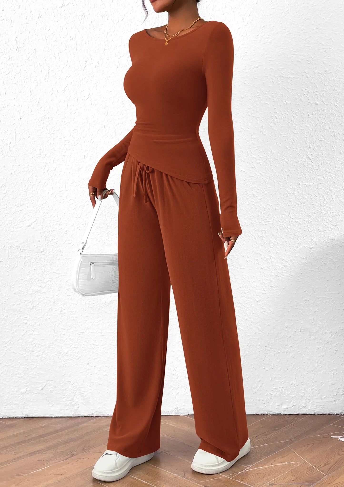 Women's 2 Piece Lounge Sets Asymmetrical Long Sleeve T Shirt Wide Leg Pants Casual Outfits Tracksuit