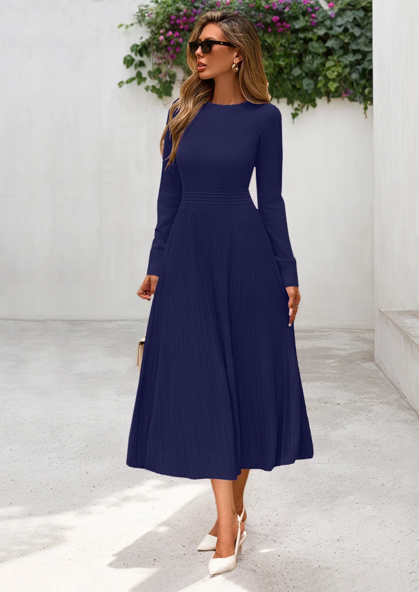 Women's Long Sleeve Midi Sweater Dress Fall Crewneck Knit A Line Pleated Wedding Guest Winter Dresses