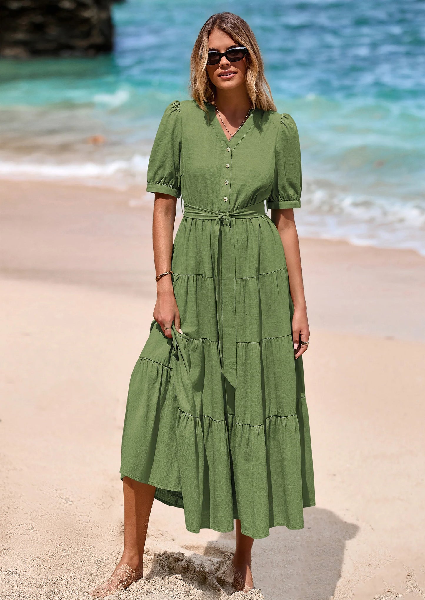 Women's Midi Dress Casual Short Sleeve V Neck Buttons Belted Ruffle A Line Flowy Dress with Pockets