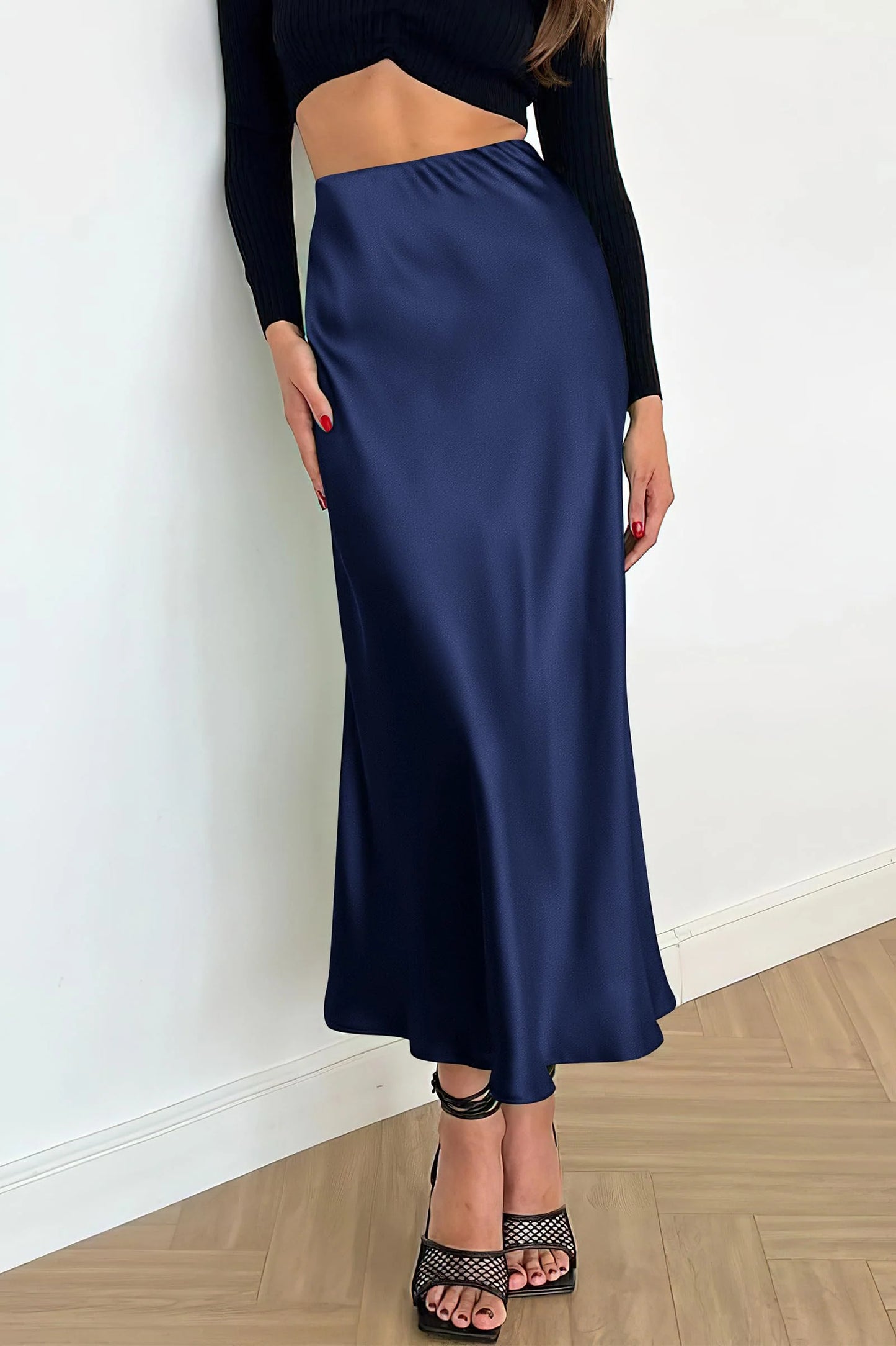 Women's Satin Skirts Dressy Casual Fall High Waisted Cocktail Wedding Flowy Elegant A Line Midi Skirt