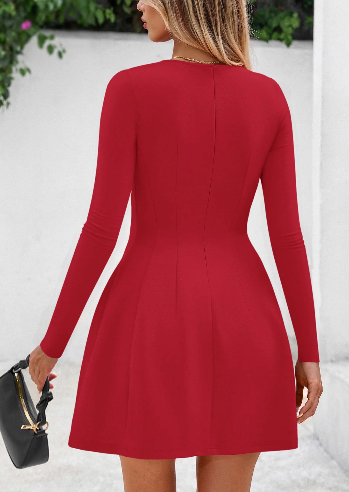 Long Sleeve Mini Dress for Women Fall Crewneck Knit Pleated Babydoll A Line Soft Casual Short Party Dresses