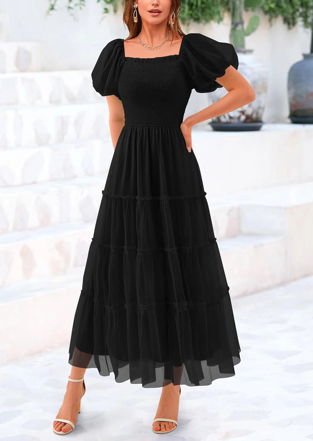 Women's Smocked Tulle Midi Dress Square Neck Puffy Short Sleeve Ruffle Wedding Guest Party Dresses