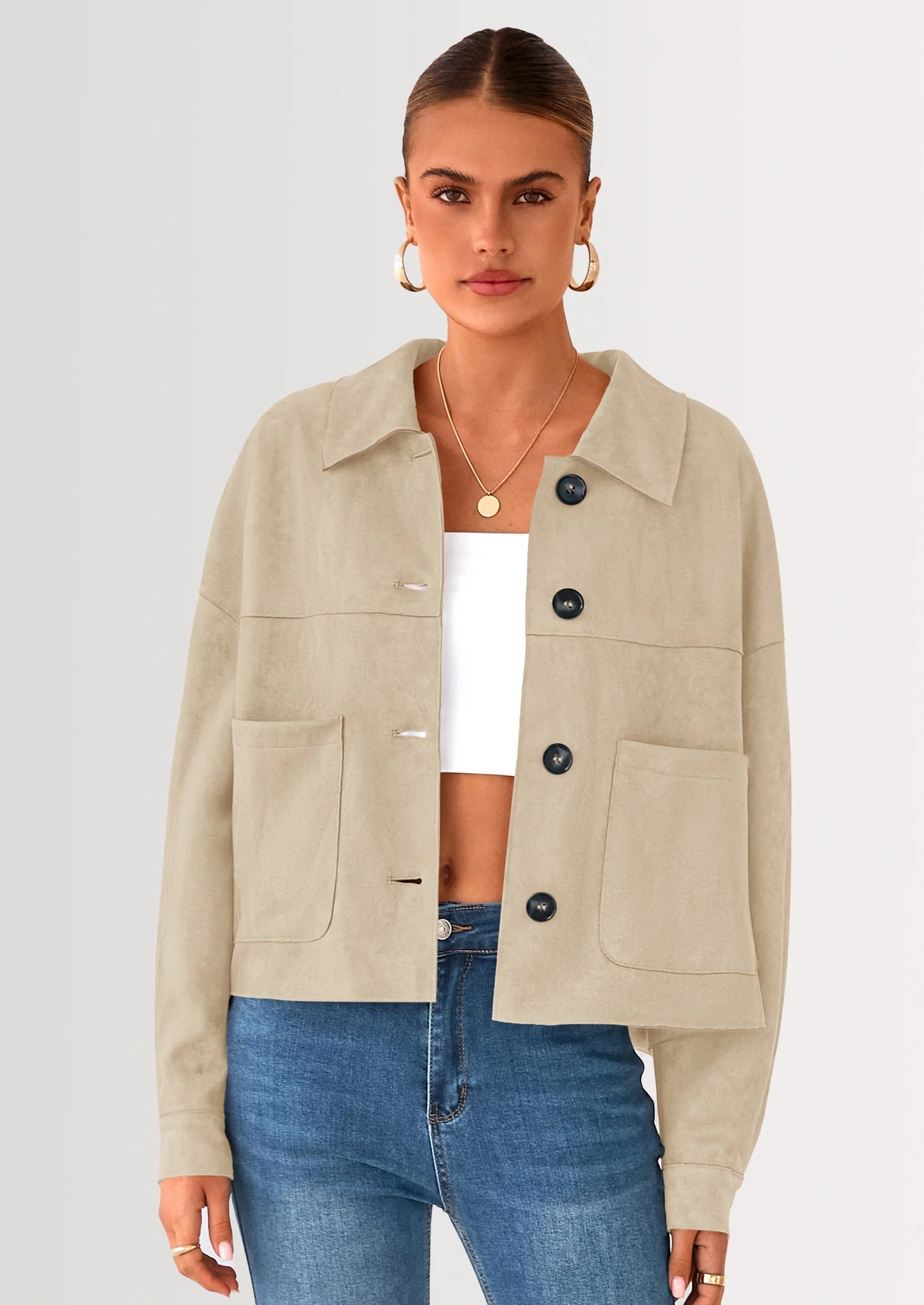 Women's Faux Suede Cropped Jacket Casual Lightweight Fall Fashion Winter Coats Outerwear Trendy Clothes