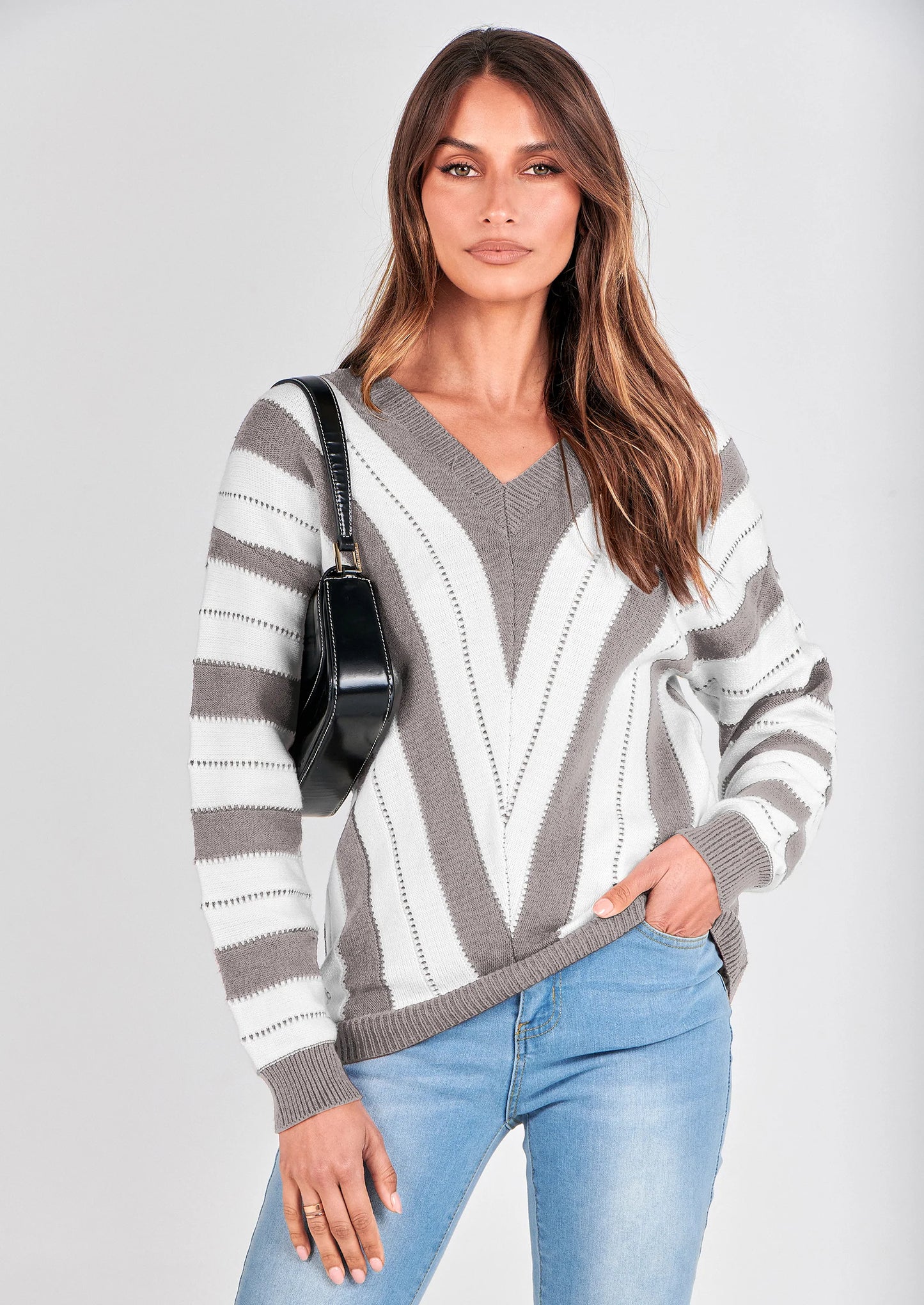 Women's Fashion Long Sleeve Striped Color Block Knitted Sweater Crew Neck Loose Pullover Jumper Tops