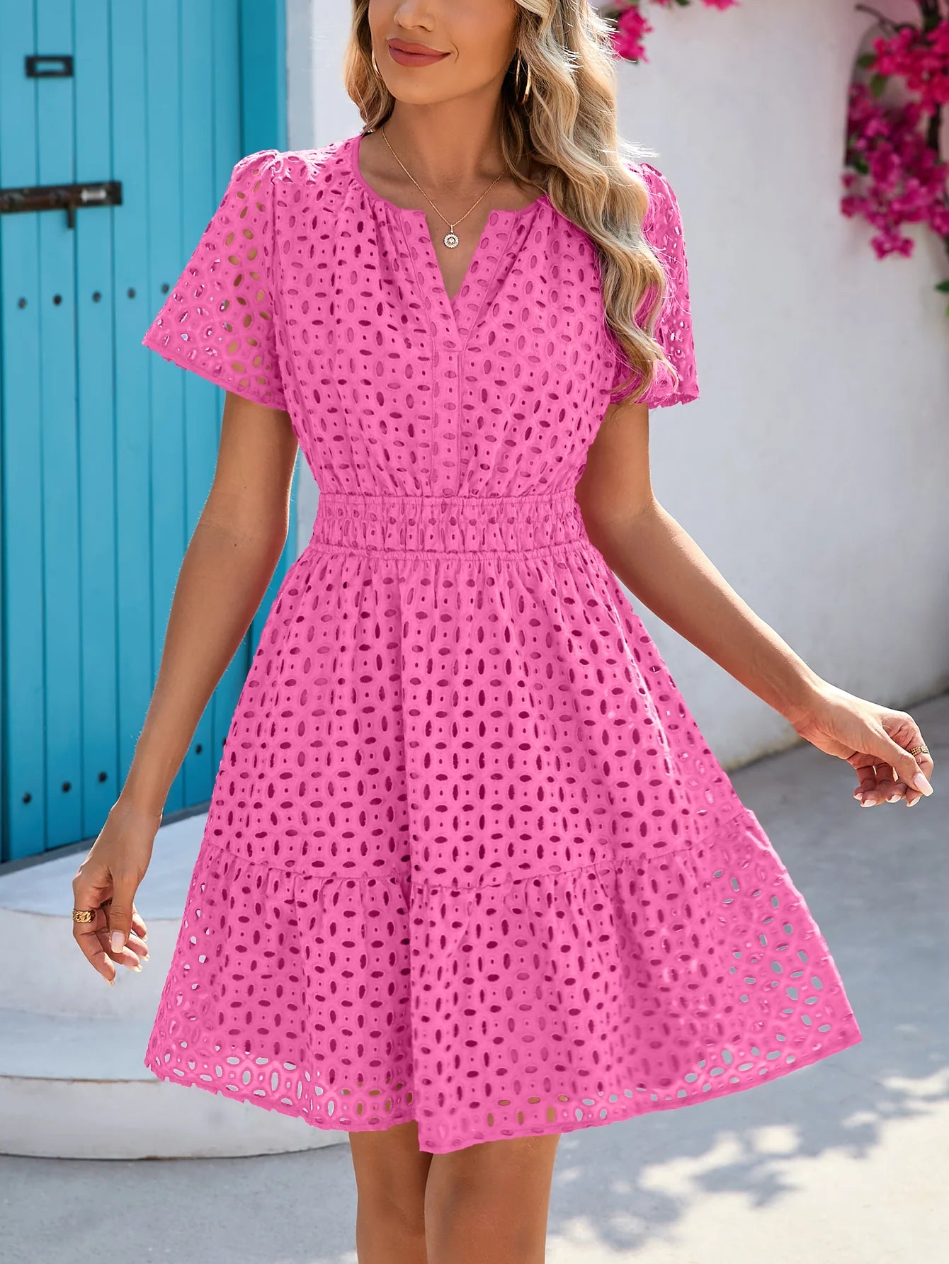 Women Summer Short Dress V Neck Short Sleeve A Line Hollow Out Lace Ruffle Cute Casual Beach Party Dresses