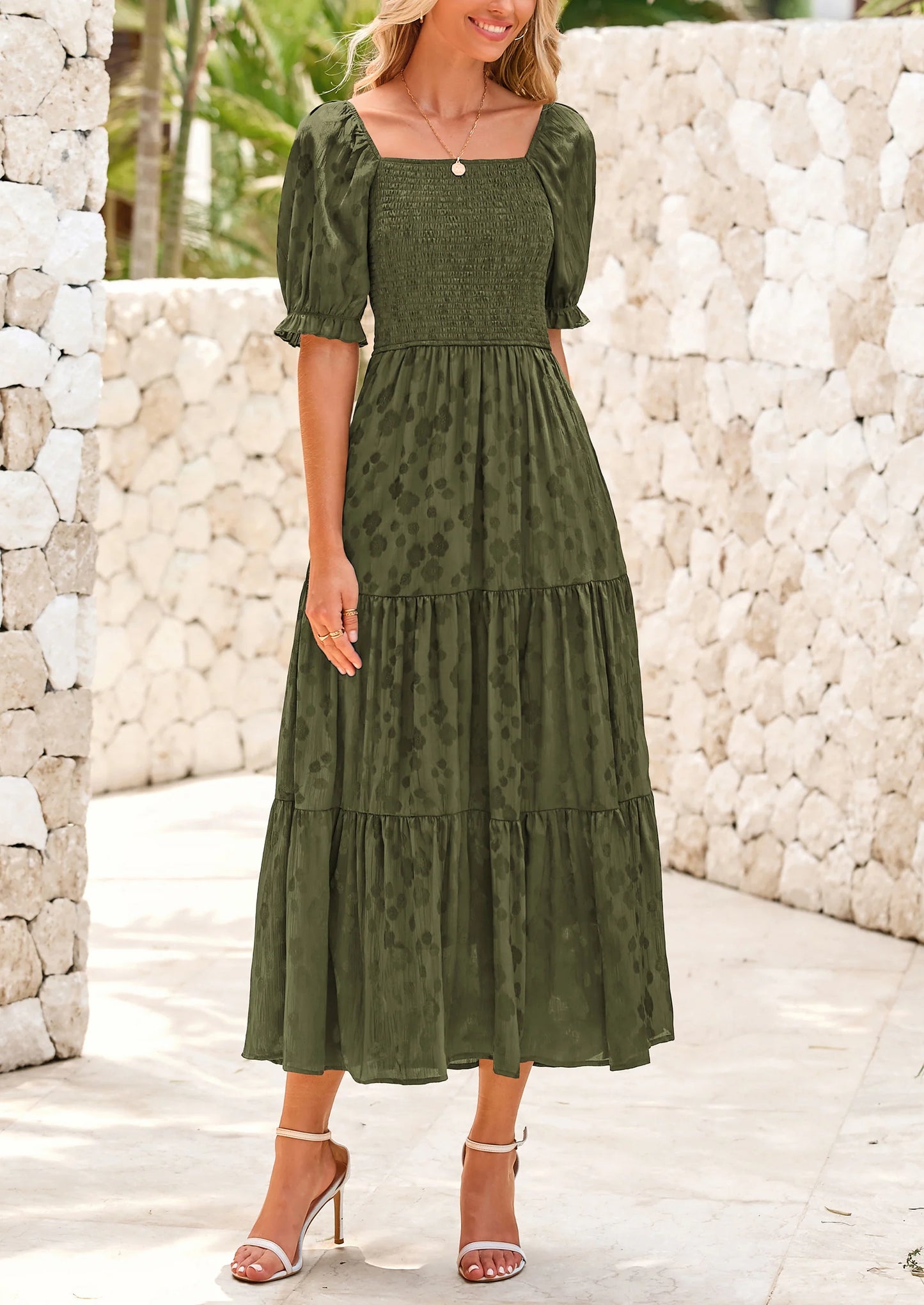 Women's Casual Midi Dresses Square Neck Short Sleeve Smocked A Line Floral Flowy Elegant Boho Dress