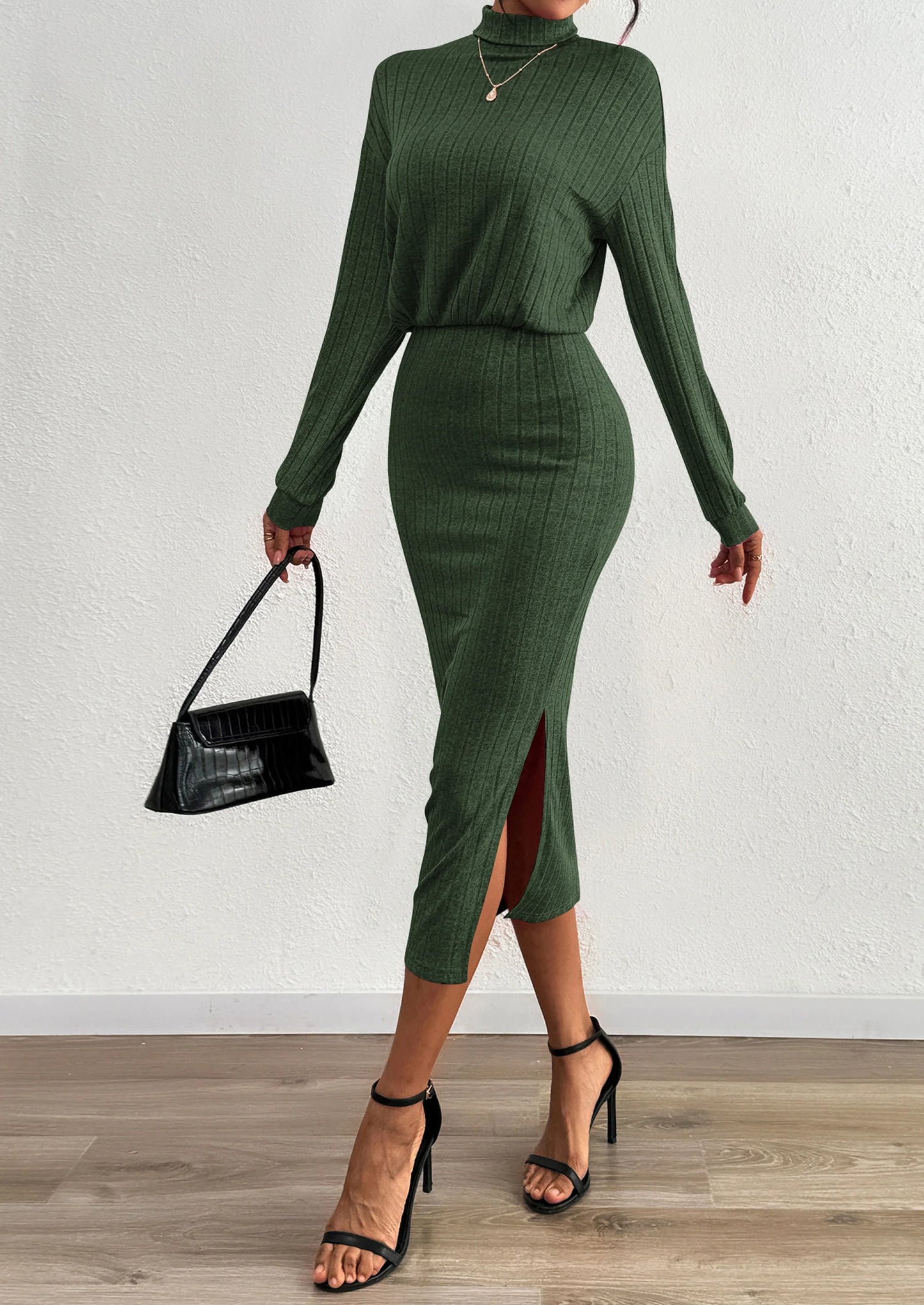 Turtle Neck Dresses for Women Fall Knit Outfits Slit Elastic Waist Long Sleeve Bodycon Midi Sweater Dress