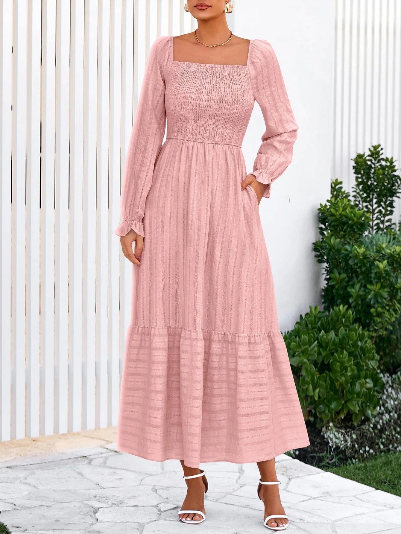 BTFBM Women Maxi Fall Dresses Long Sleeve Solid Color Square Neck Smocked Boho Long Wedding Guest Dress