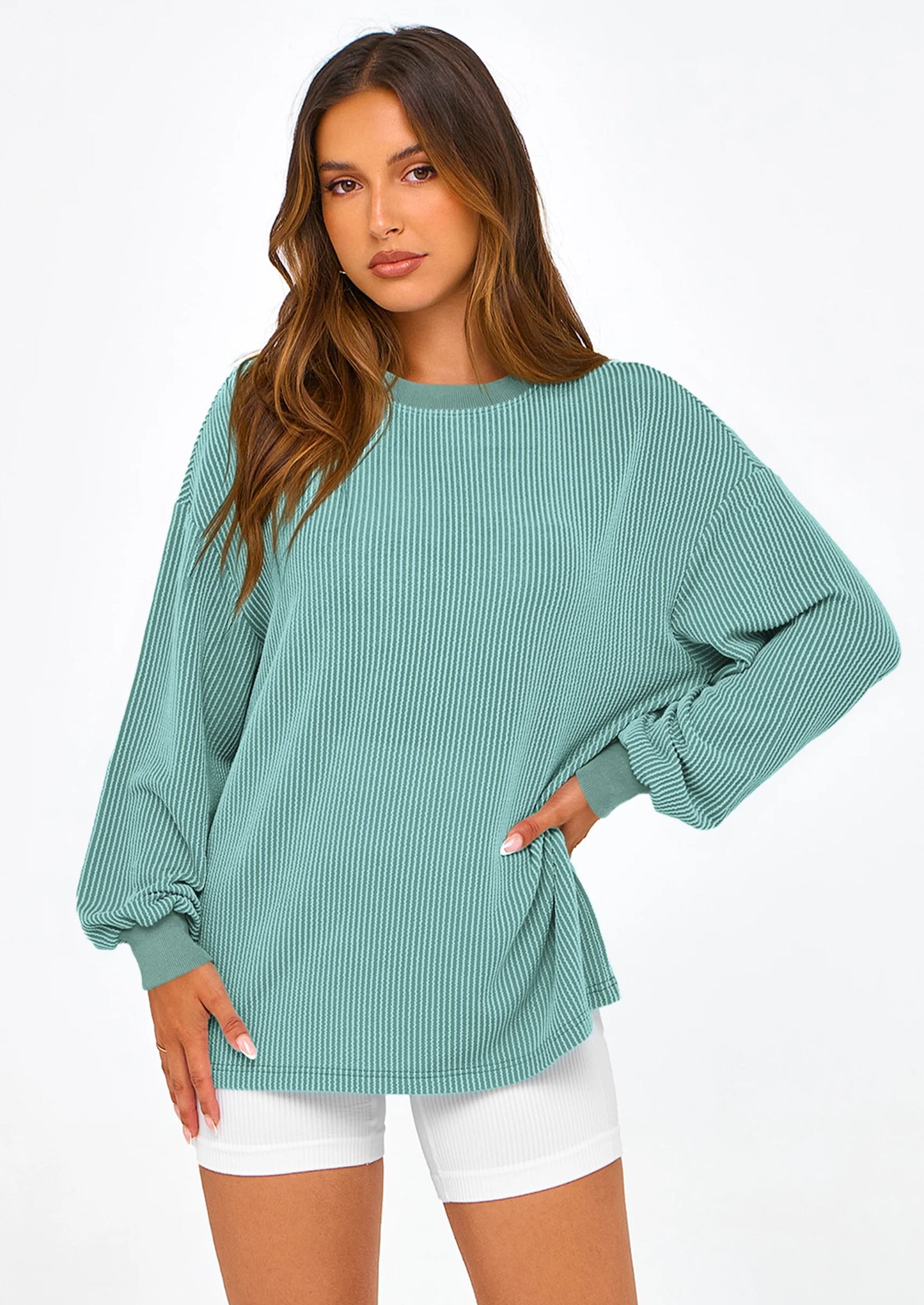 Women's Long Sleeve Tee Shirts Spring Fall Trendy Clothes Casual Loose Crewneck Ribbed Blouse Tunic Tops