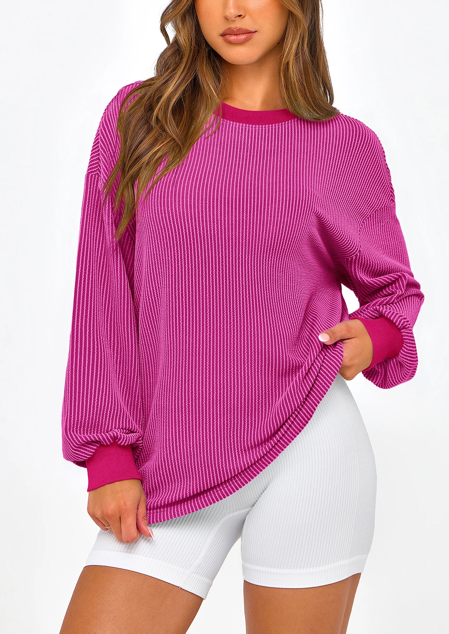 Women's Long Sleeve Tee Shirts Spring Fall Trendy Clothes Casual Loose Crewneck Ribbed Blouse Tunic Tops