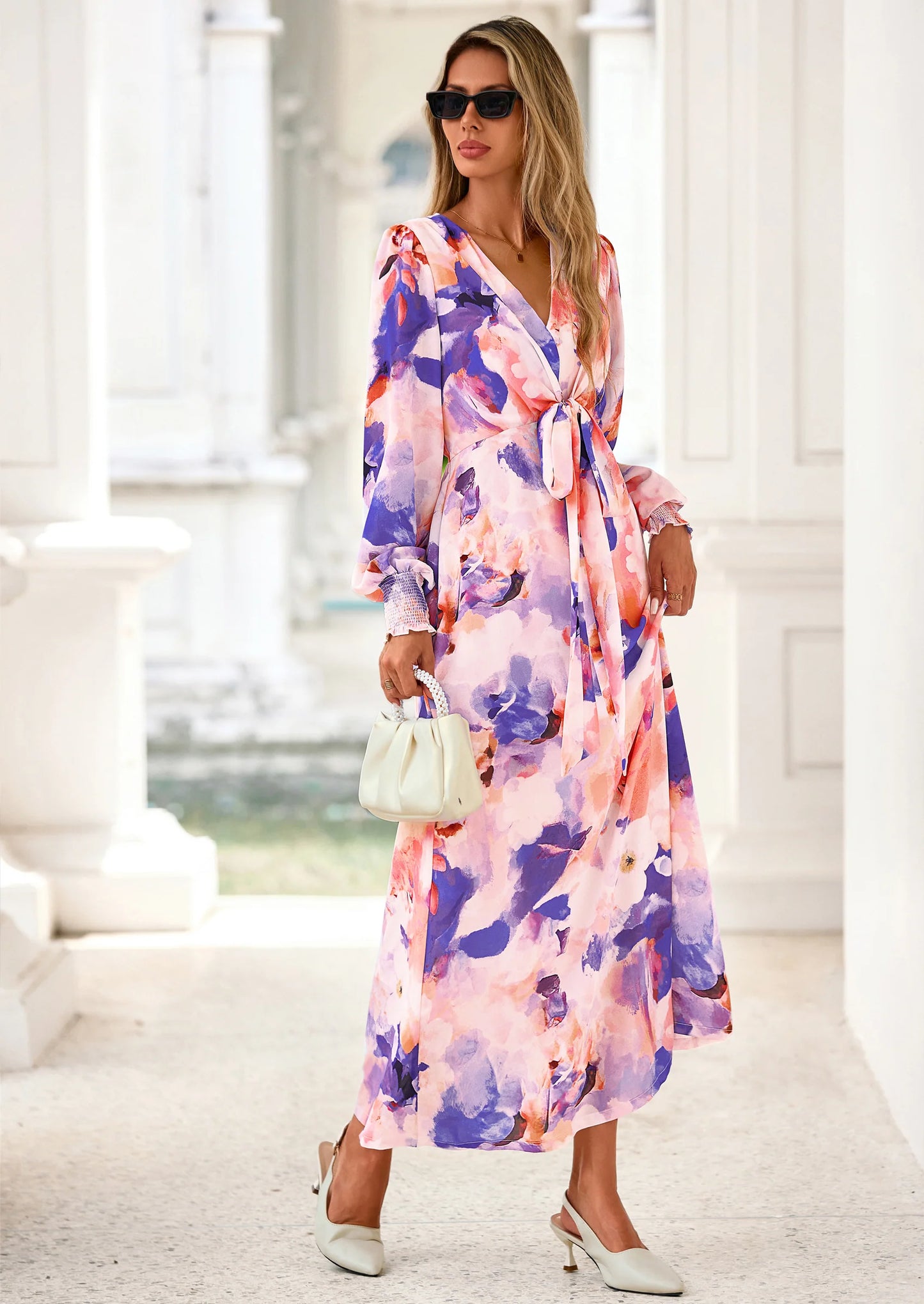 Women's Fall Boho Maxi Dress Floral Long Sleeve V Neck Flowy Belted Elegant Holiday Party Dresses