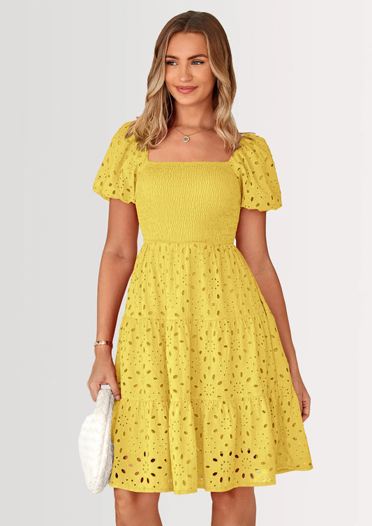 Womens Summer Puff Sleeve Mini Dress Off Shoulder Eyelet Smocked A Line Casual Babydoll Short Dresses
