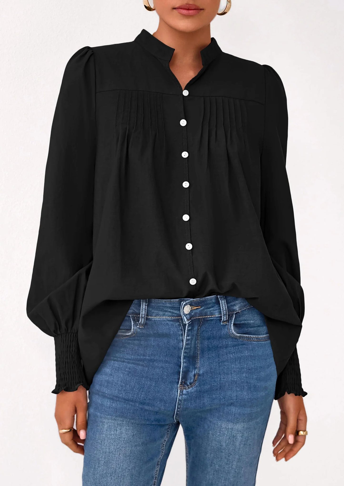 Womens Fall Lantern Long Sleeve Shirts Trendy Button V Neck Pleated Henley Tops Loose Work Blouses