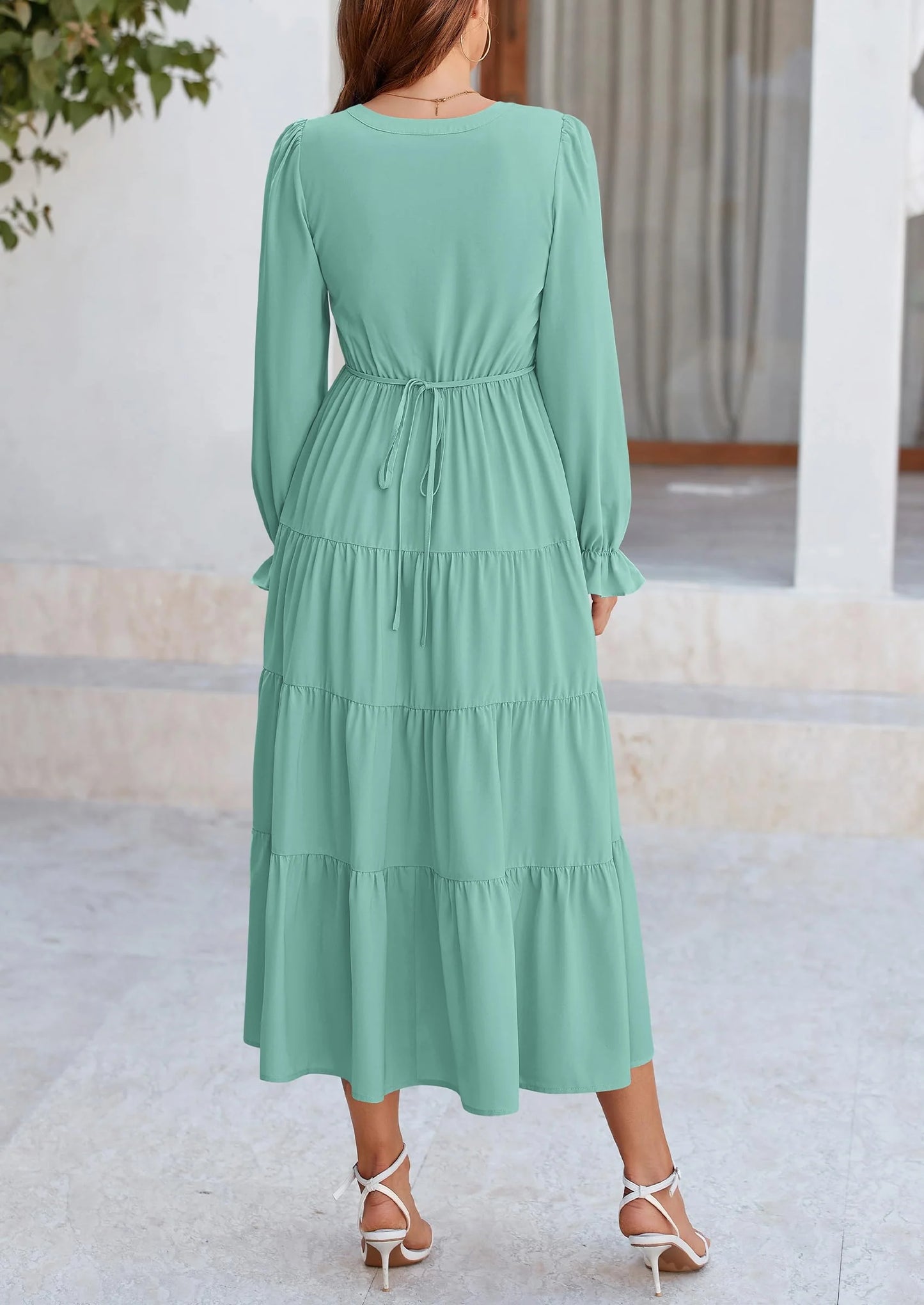 Women Fall Long Sleeve Smocked Maxi Dress Casual Square Neck Swiss Dot Tiered Ruffle Flowy Spring Pocket Dresses