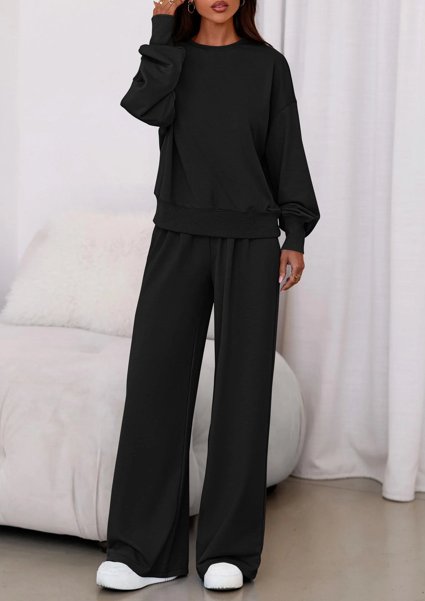 Womens 2 Piece Sets Long Sleeve Sweatshirt Wide Leg Pants Loose Matching Lounge Set Trendy Fall Outfits