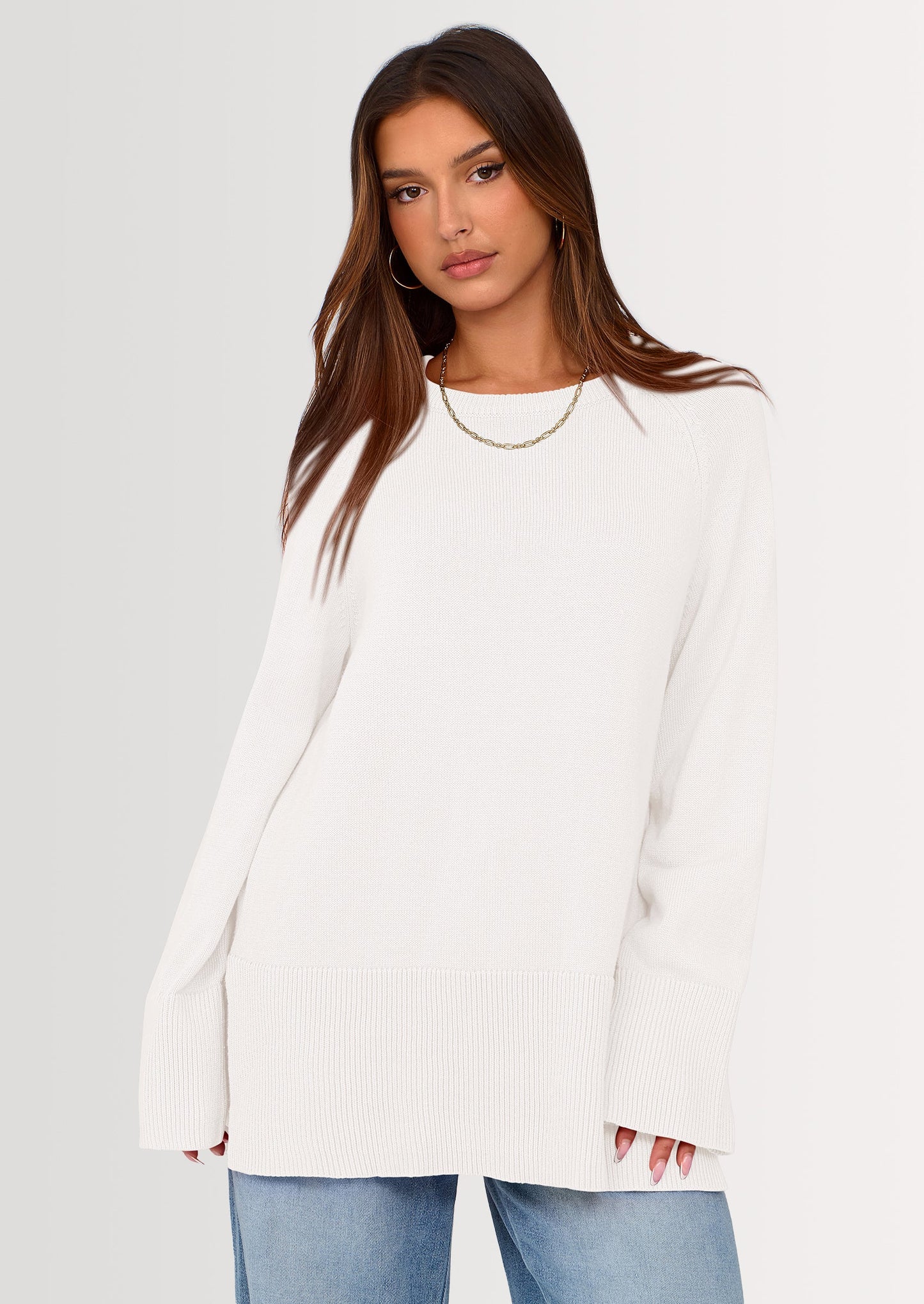 Women's Knit Fall Sweaters Long Sleeve Pullover Crewneck Split Hem Oversized Tunic Sweater Tops Winter Clothing