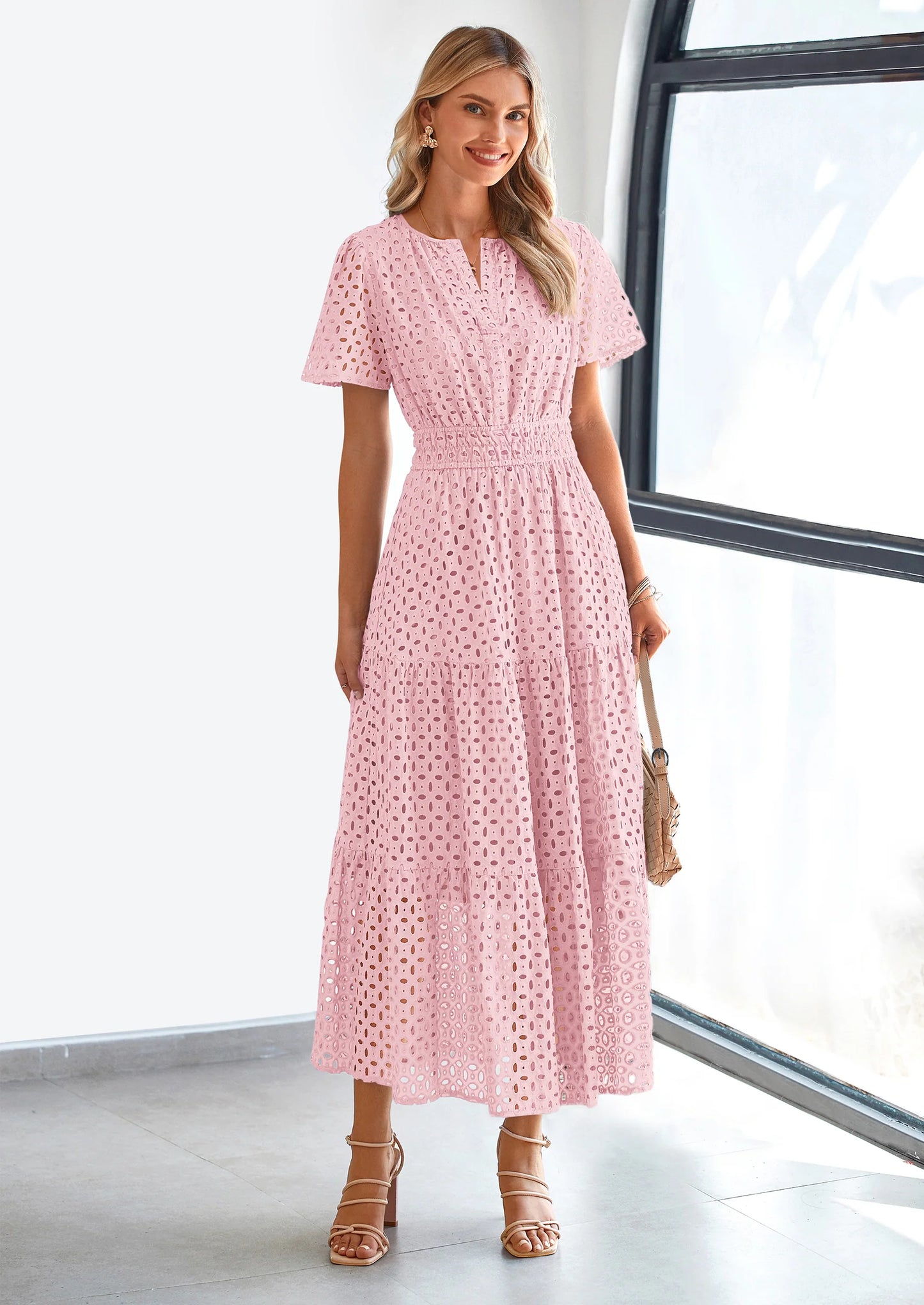 Womens Maxi Dress Short Sleeve V Neck Hollow Out Eyelet A Line Long Flowy Beach Vacation Dresses