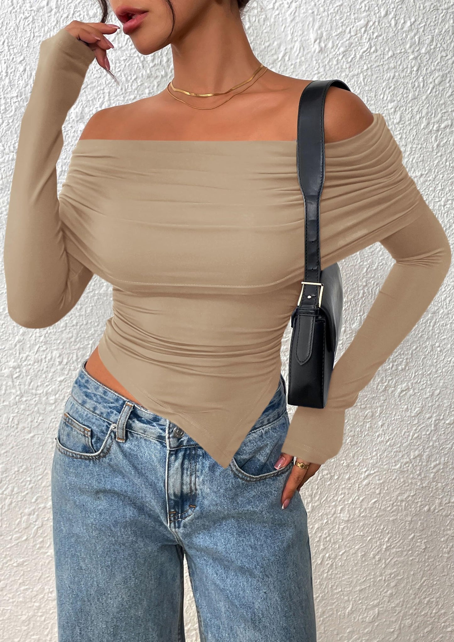 Women's Long Sleeve Shirts Off Shoulder Tops Going Out Slim Fitted Y2K Blouses Fall Fashion Clothes