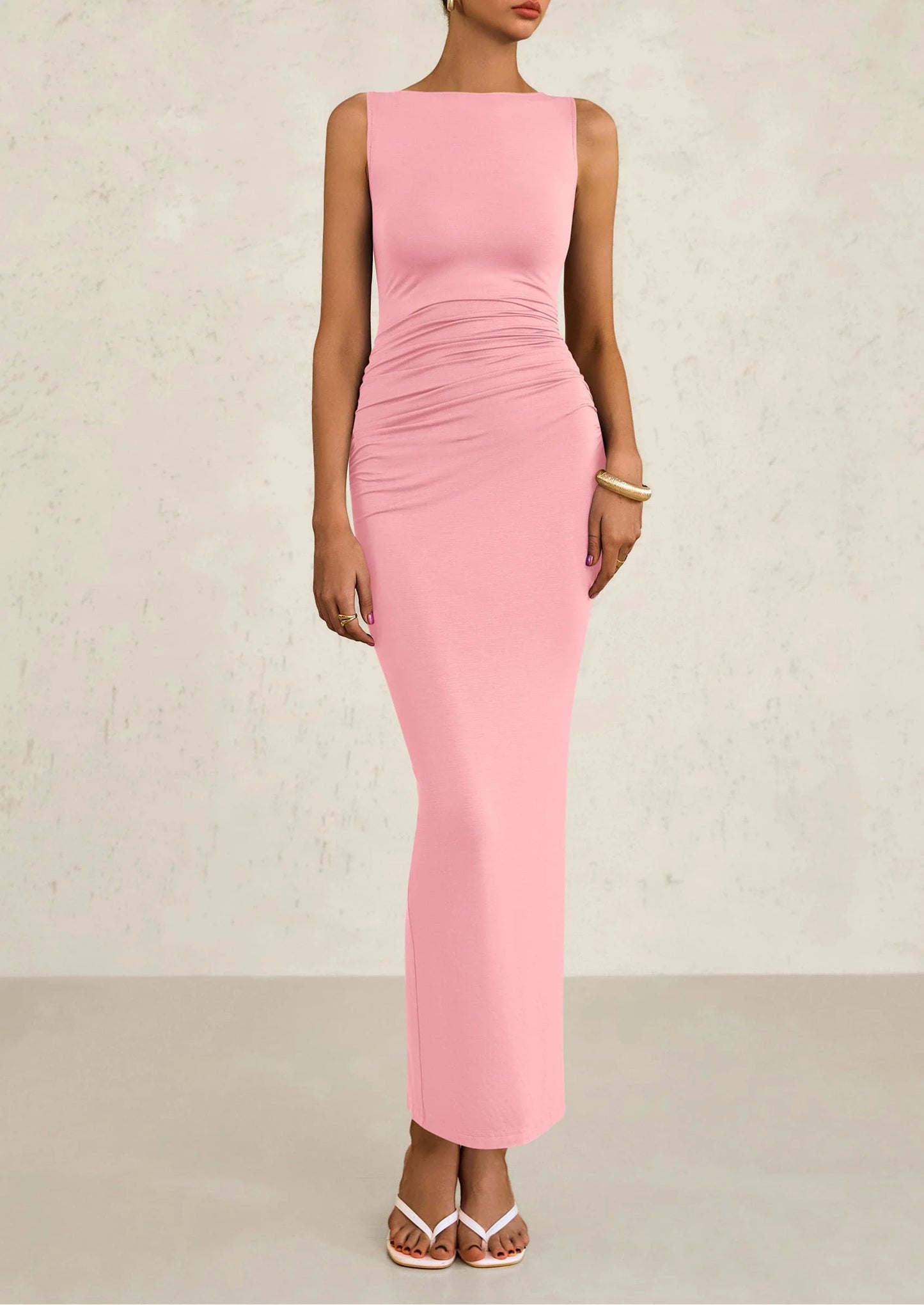 Women's Semi Formal Midi Dresses Sleeveless Ruched Bodycon Long Elegant Cocktail Wedding Guest Dress